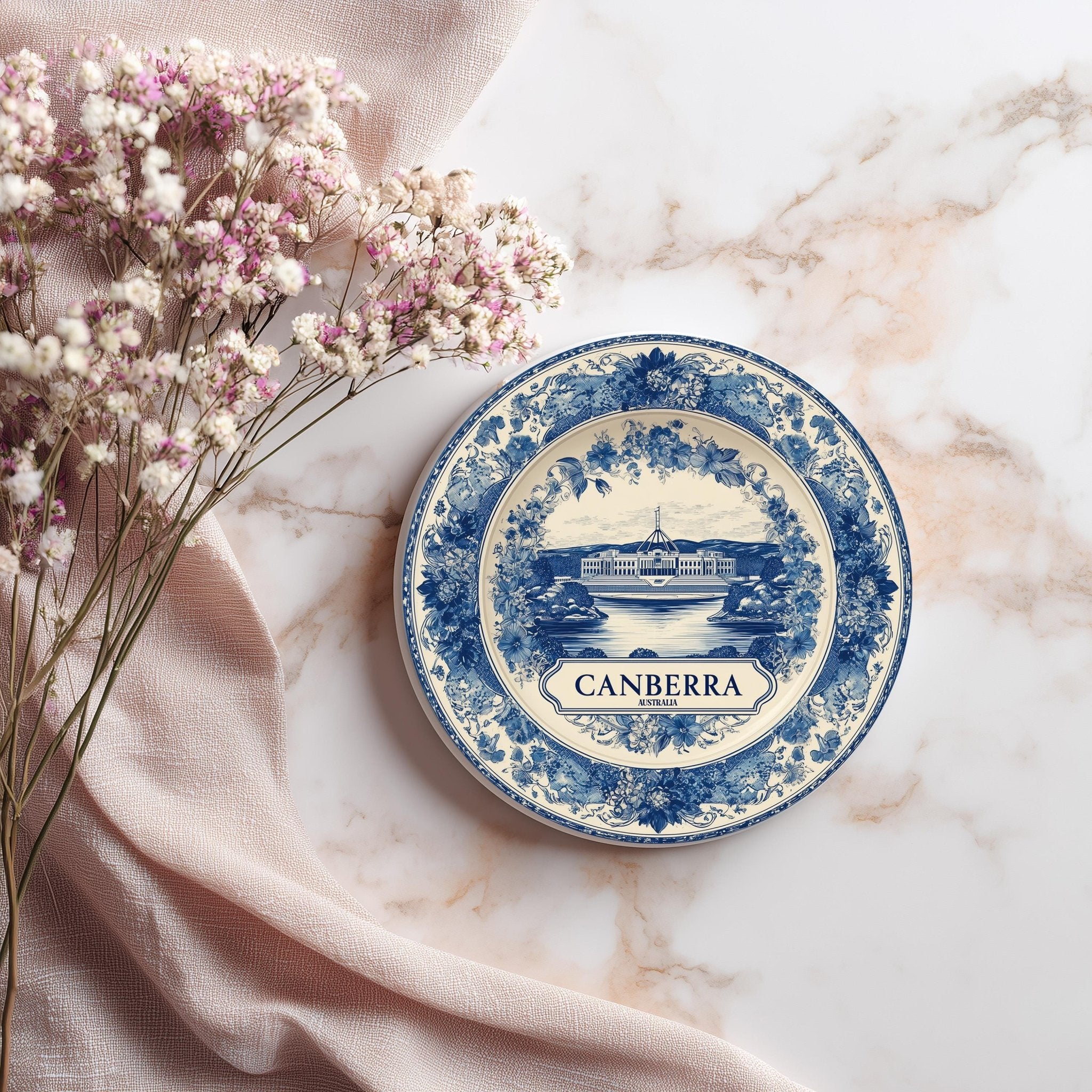 Canberra Australia Delftware Ceramic Coaster, Blue White Travel Gift, Vintage Home Decor Collectible - CuteBeePix