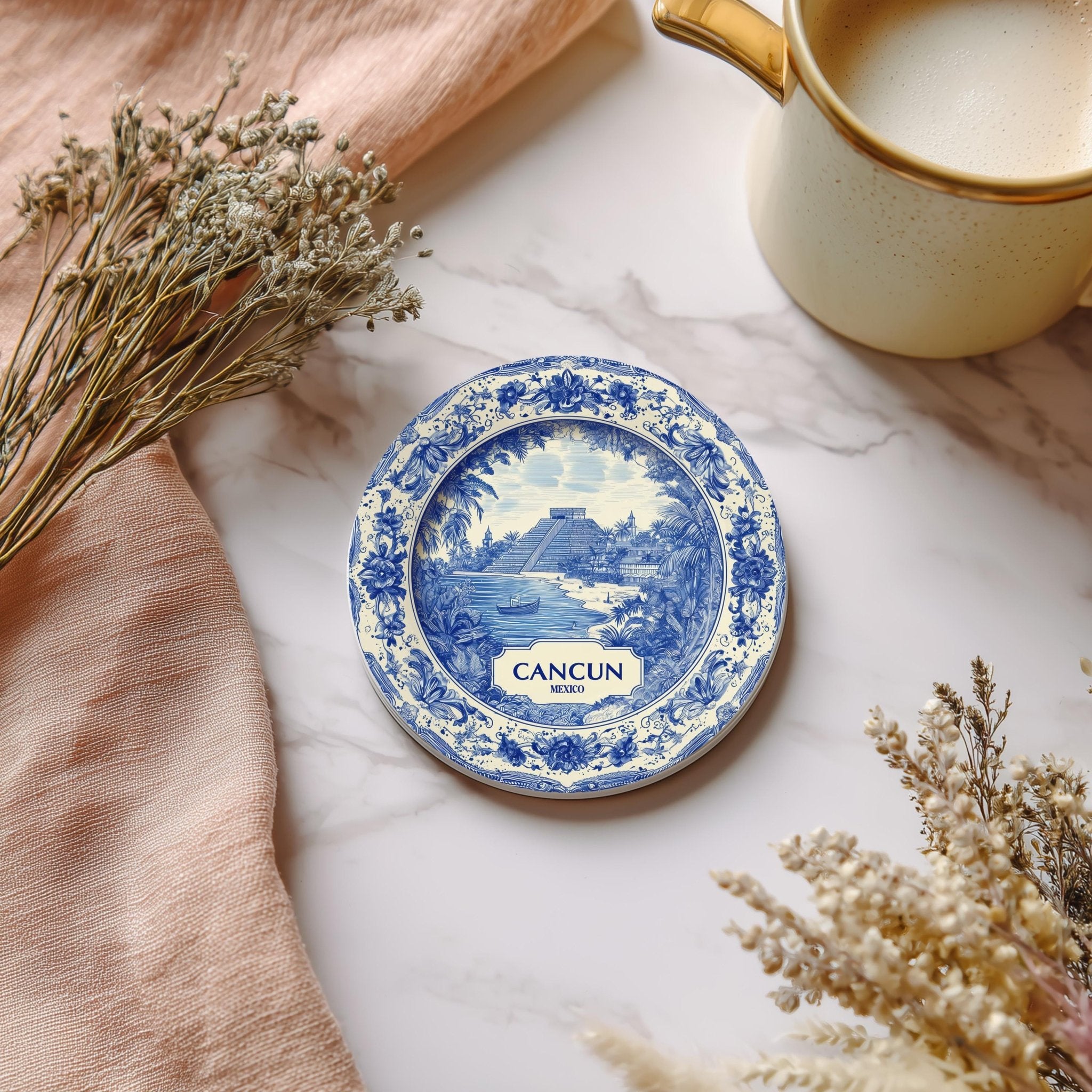 Cancun Mexico Delftware Ceramic Coaster, Blue White Travel Gift, Vintage Home Decor Collectible - CuteBeePix