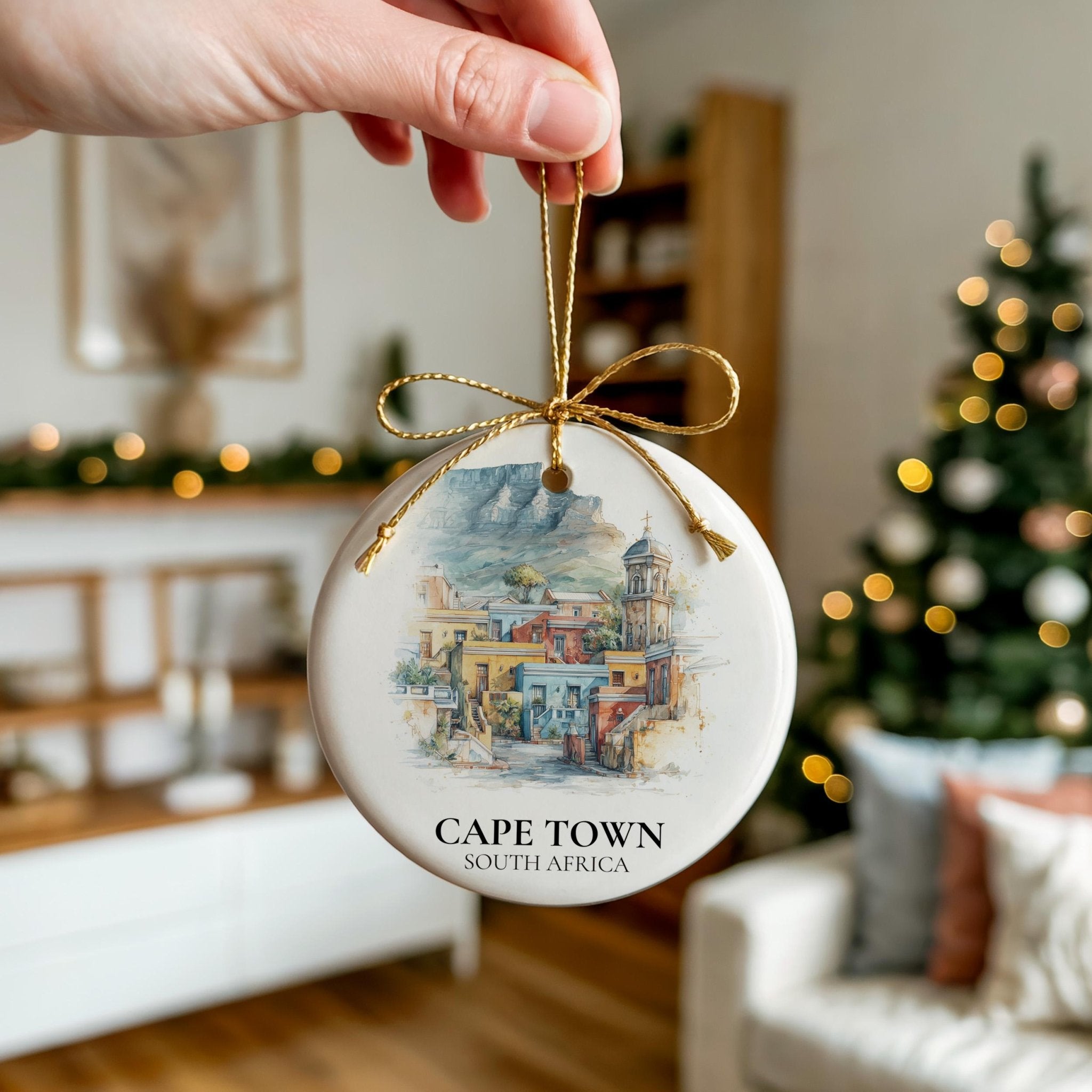 Cape Town South Africa Custom Watercolor Ornament, Personalized Ceramic Christmas gift, Travel Keepsake - CuteBeePix