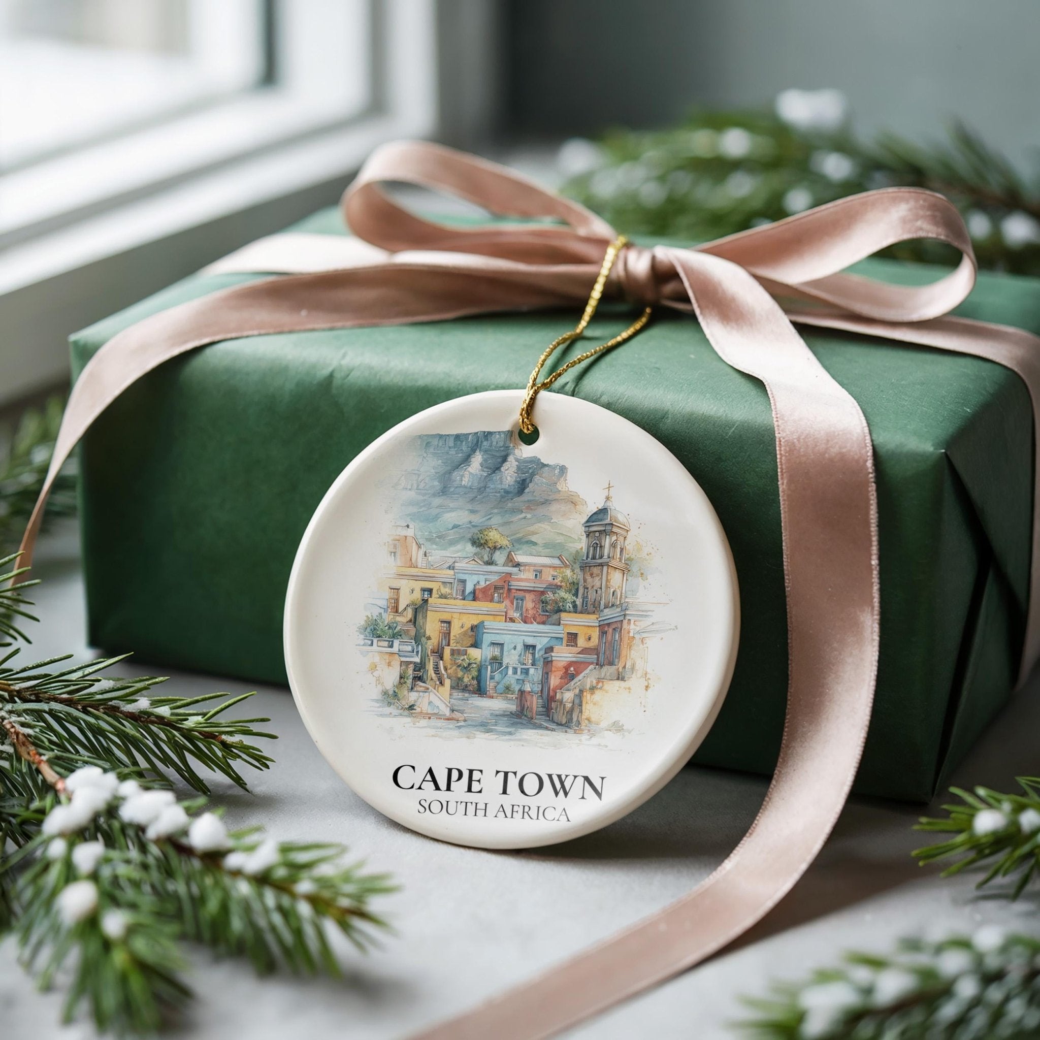 Cape Town South Africa Custom Watercolor Ornament, Personalized Ceramic Christmas gift, Travel Keepsake - CuteBeePix
