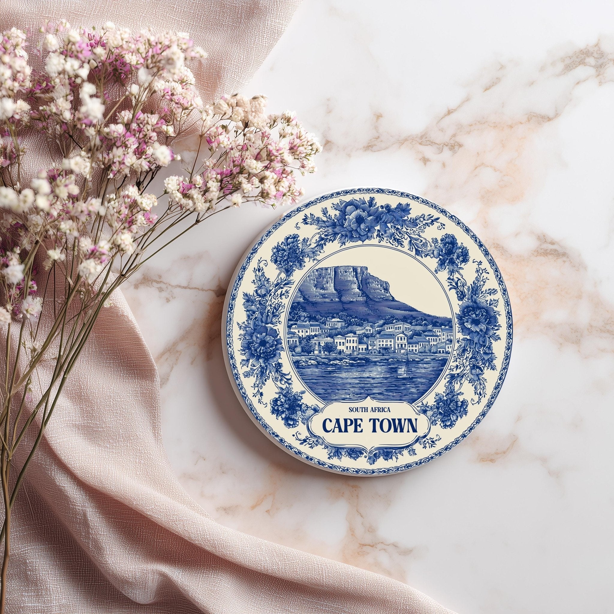 Cape Town South Africa Delftware Ceramic Coaster, Blue White Travel Gift, Vintage Home Decor Collectible - CuteBeePix