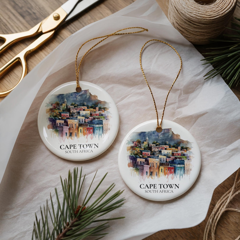 Cape Town South Africa Personalized Watercolor Ornament, Custom Ceramic Christmas gift, Travel Keepsake - CuteBeePix