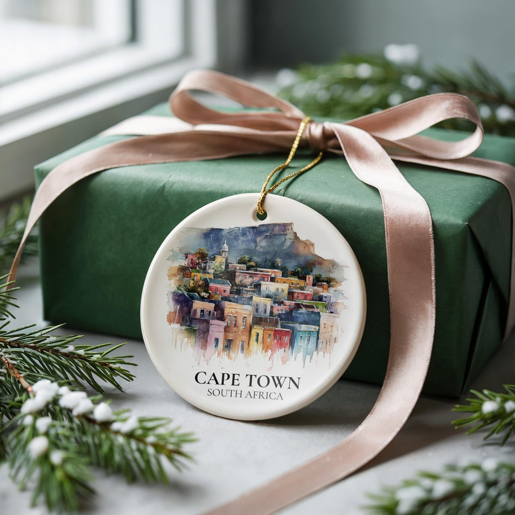 Cape Town South Africa Personalized Watercolor Ornament, Custom Ceramic Christmas gift, Travel Keepsake - CuteBeePix