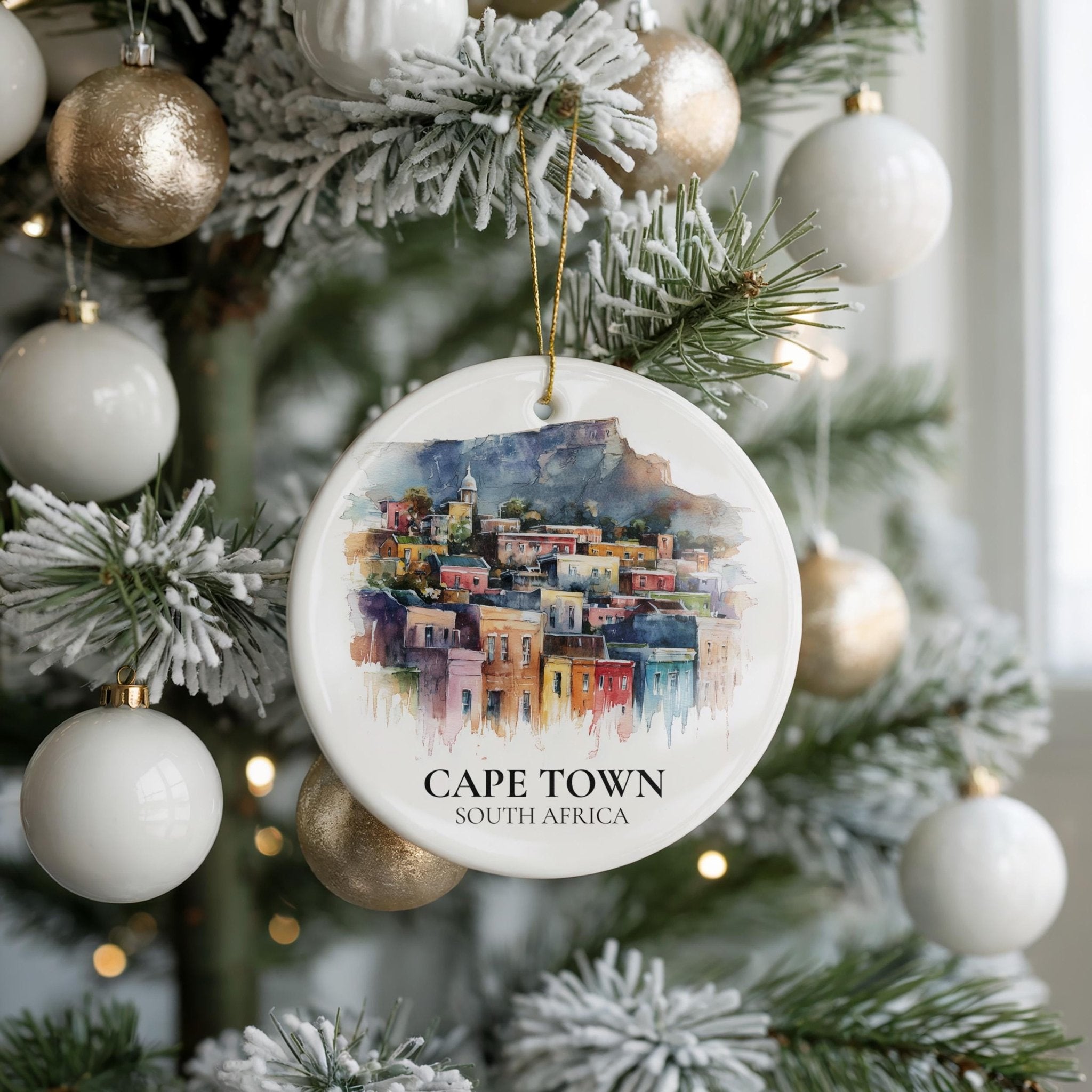 Cape Town South Africa Personalized Watercolor Ornament, Custom Ceramic Christmas gift, Travel Keepsake - CuteBeePix