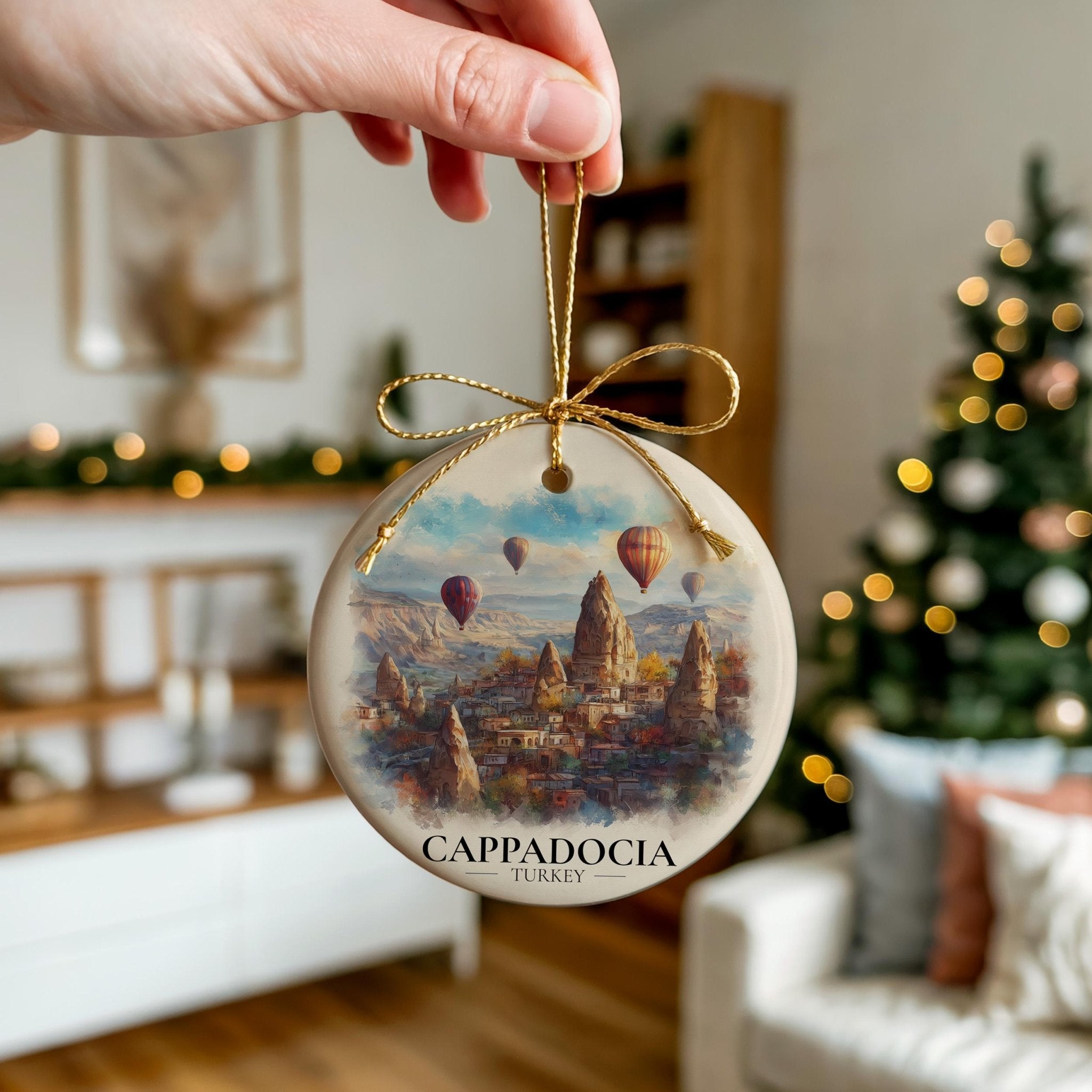 Cappadocia Turkey Custom Watercolor Ornament, Personalized Ceramic Christmas gift, Travel Keepsake - CuteBeePix