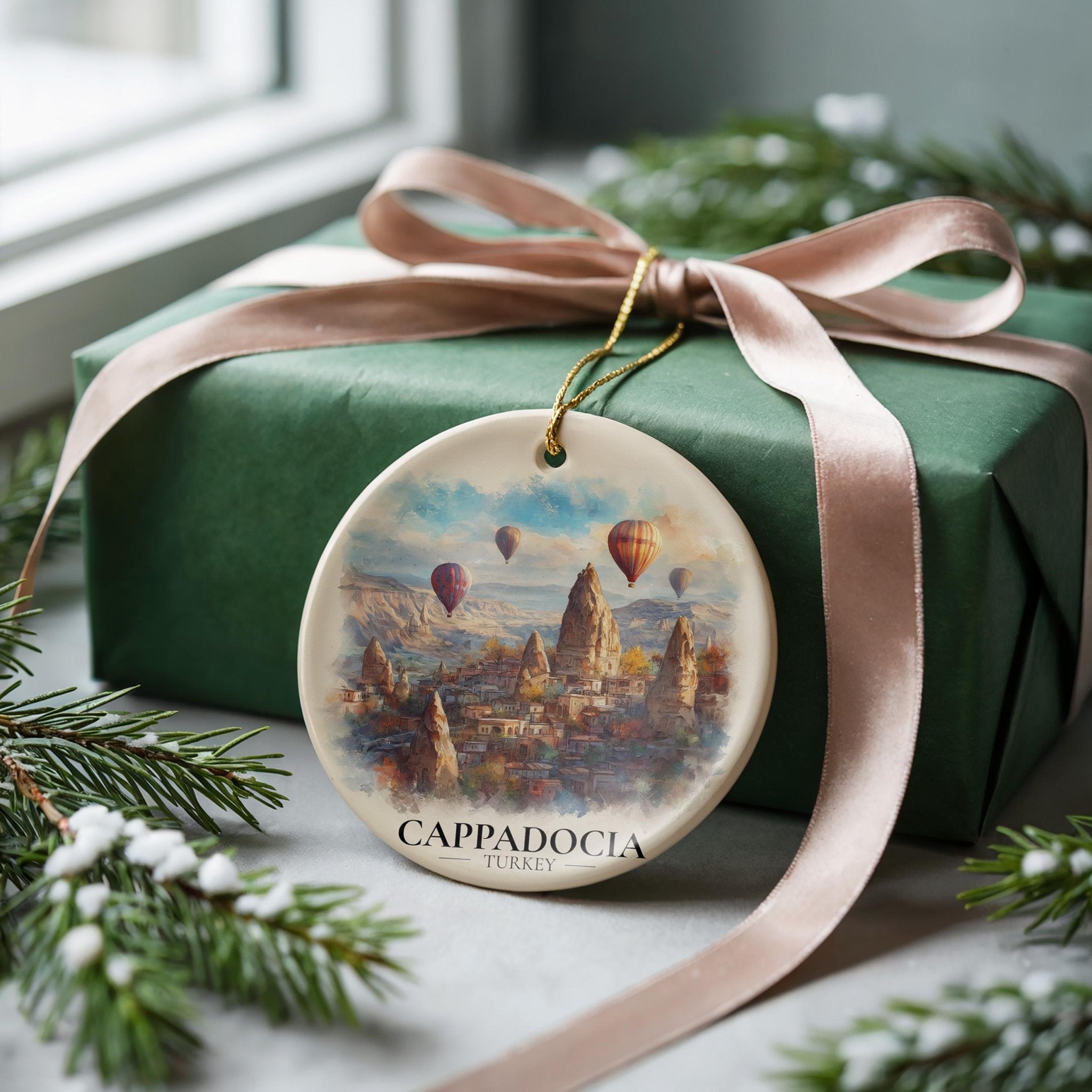 Cappadocia Turkey Custom Watercolor Ornament, Personalized Ceramic Christmas gift, Travel Keepsake - CuteBeePix