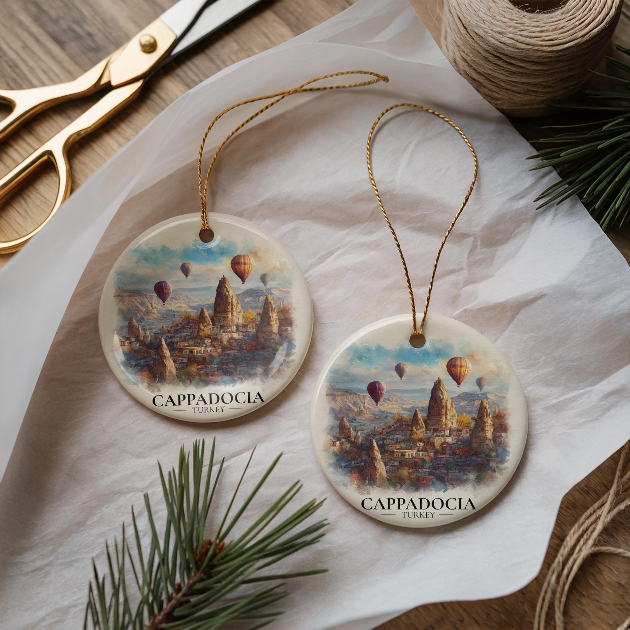 Cappadocia Turkey Custom Watercolor Ornament, Personalized Ceramic Christmas gift, Travel Keepsake - CuteBeePix