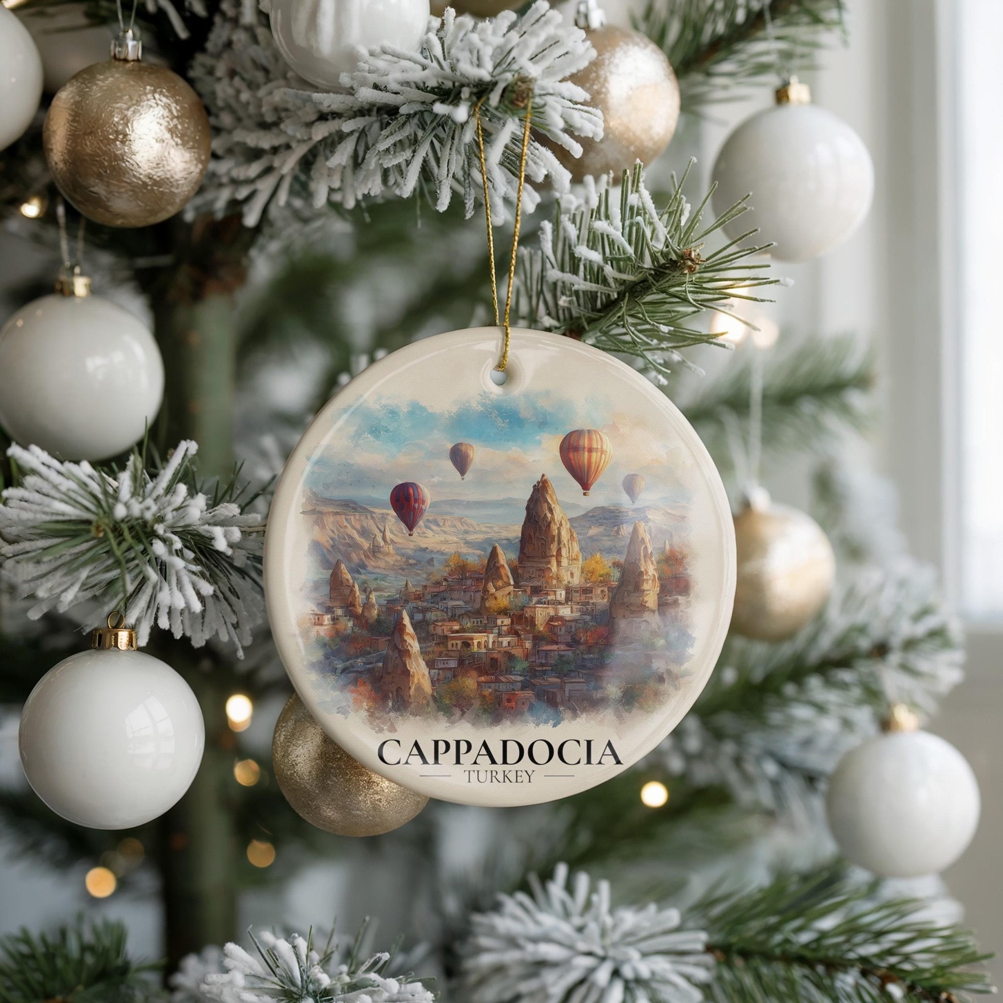 Cappadocia Turkey Custom Watercolor Ornament, Personalized Ceramic Christmas gift, Travel Keepsake - CuteBeePix
