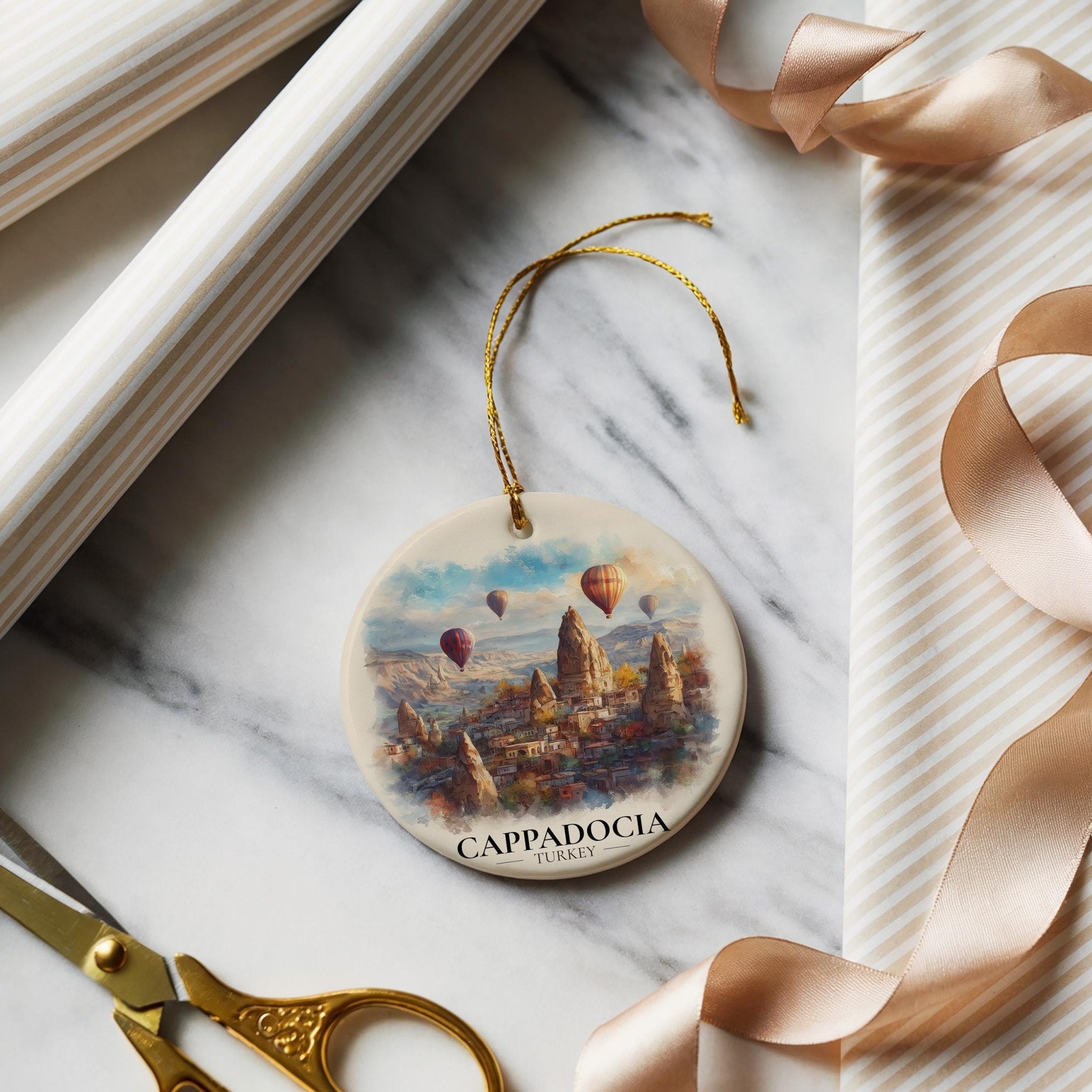 Cappadocia Turkey Custom Watercolor Ornament, Personalized Ceramic Christmas gift, Travel Keepsake - CuteBeePix