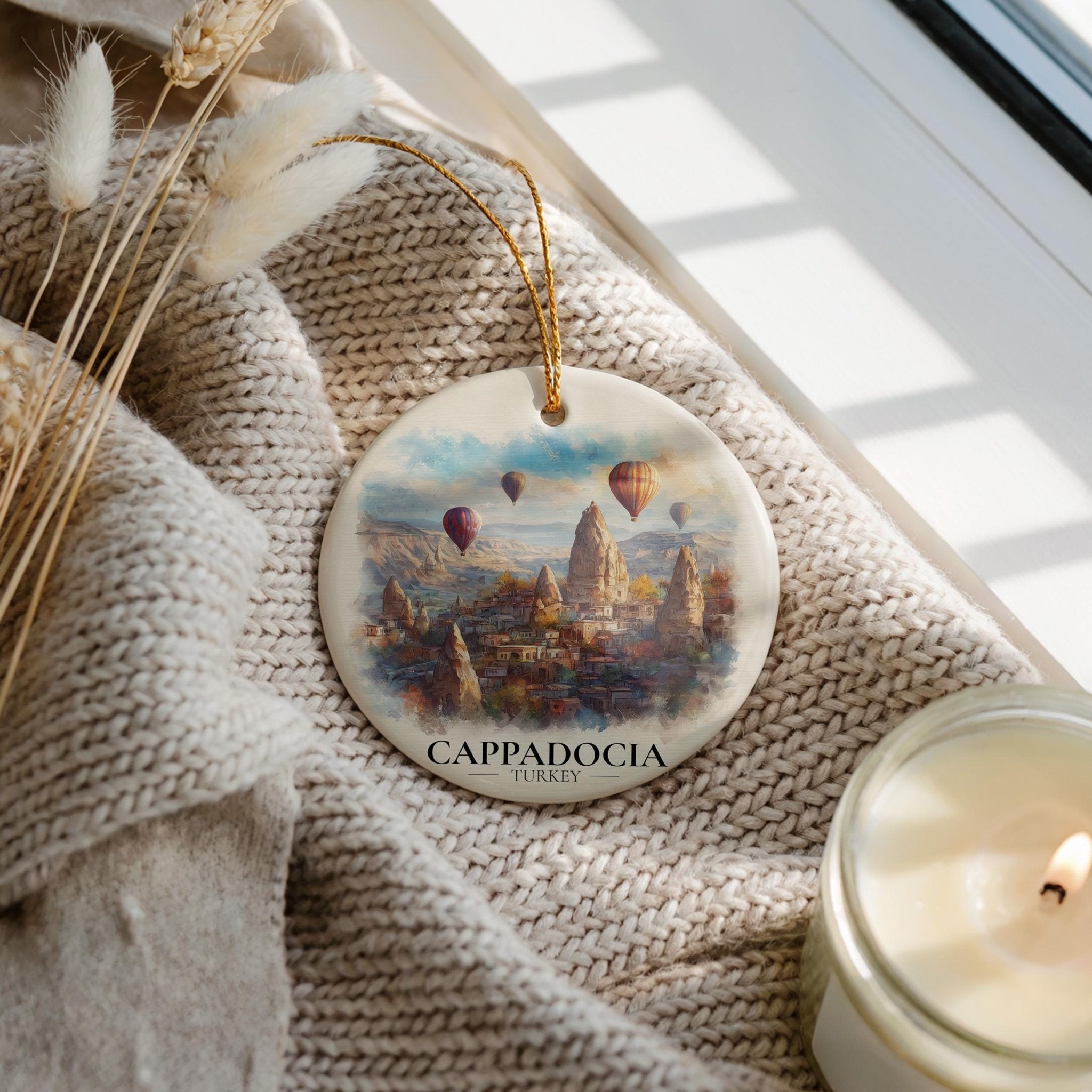 Cappadocia Turkey Custom Watercolor Ornament, Personalized Ceramic Christmas gift, Travel Keepsake - CuteBeePix