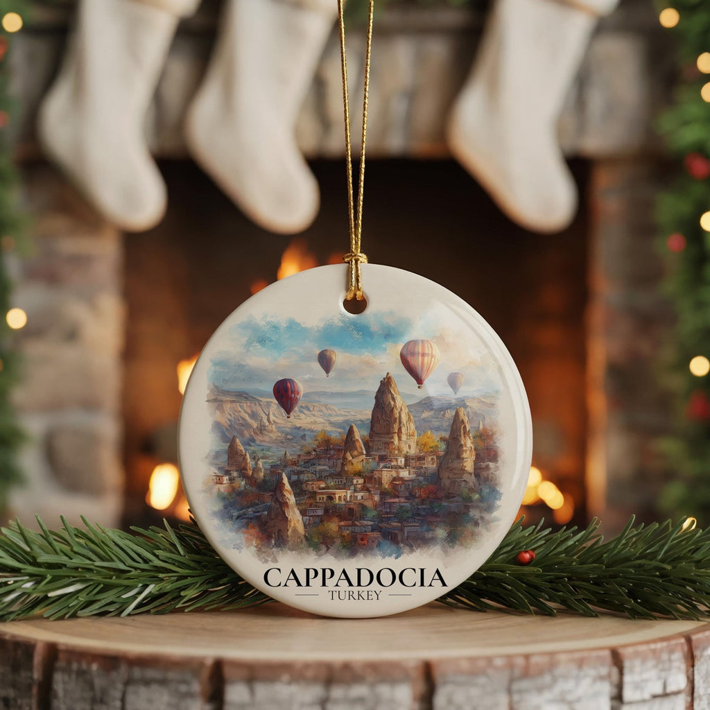 Cappadocia Turkey Custom Watercolor Ornament, Personalized Ceramic Christmas gift, Travel Keepsake - CuteBeePix