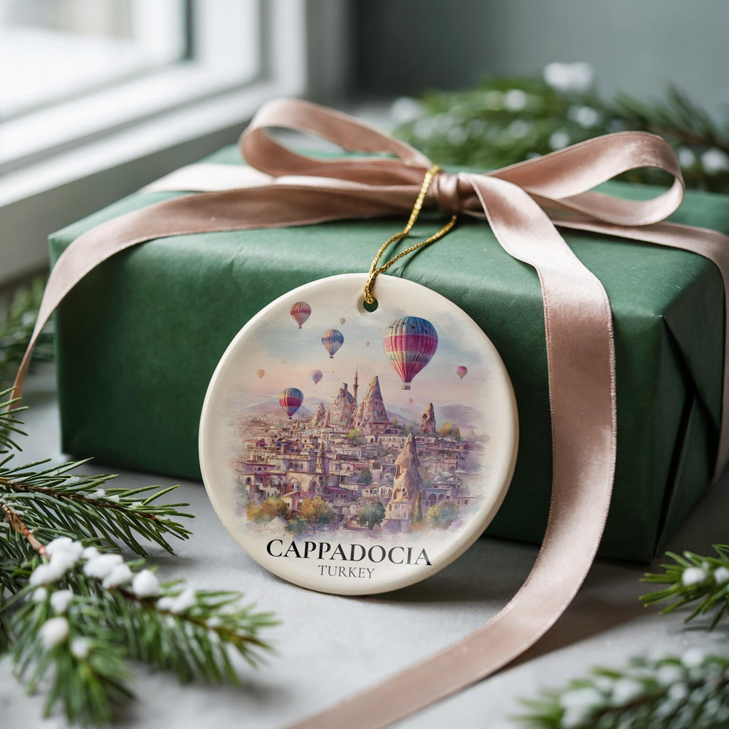 Cappadocia Turkey Personalized Watercolor Ornament, Custom Ceramic Christmas gift, Travel Keepsake - CuteBeePix