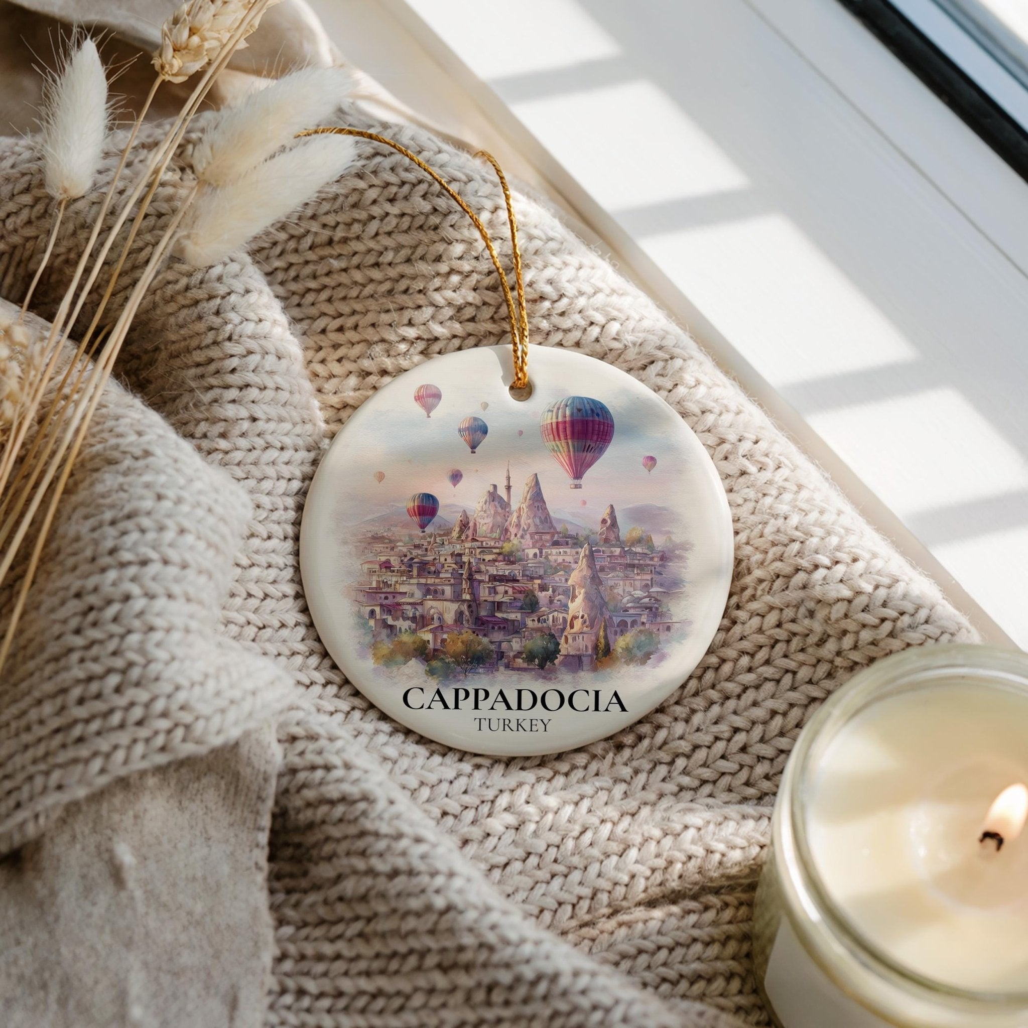 Cappadocia Turkey Personalized Watercolor Ornament, Custom Ceramic Christmas gift, Travel Keepsake - CuteBeePix