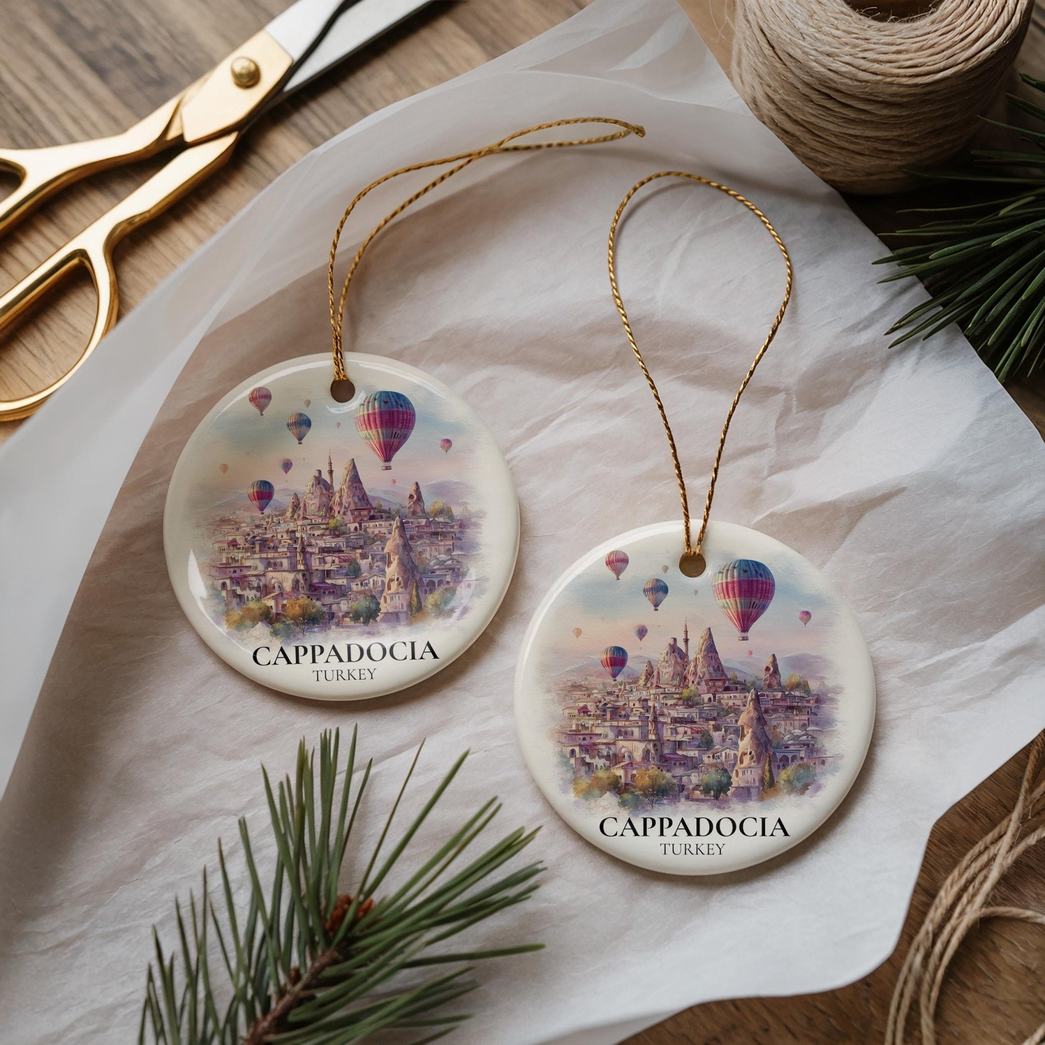 Cappadocia Turkey Personalized Watercolor Ornament, Custom Ceramic Christmas gift, Travel Keepsake - CuteBeePix