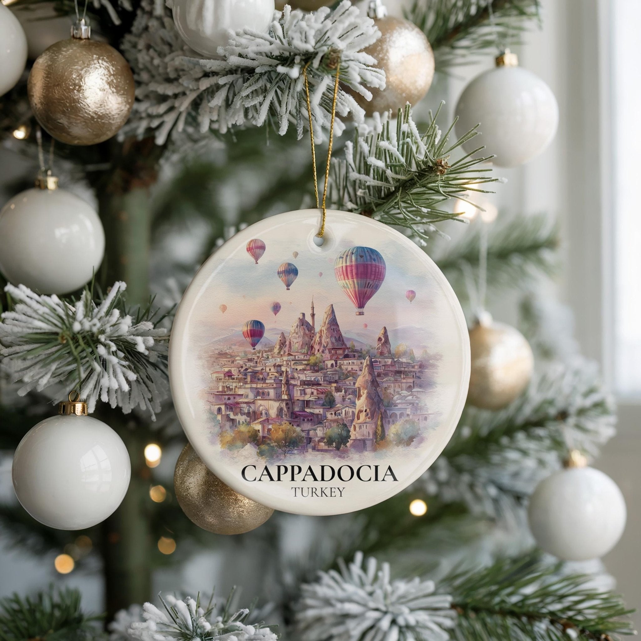 Cappadocia Turkey Personalized Watercolor Ornament, Custom Ceramic Christmas gift, Travel Keepsake - CuteBeePix
