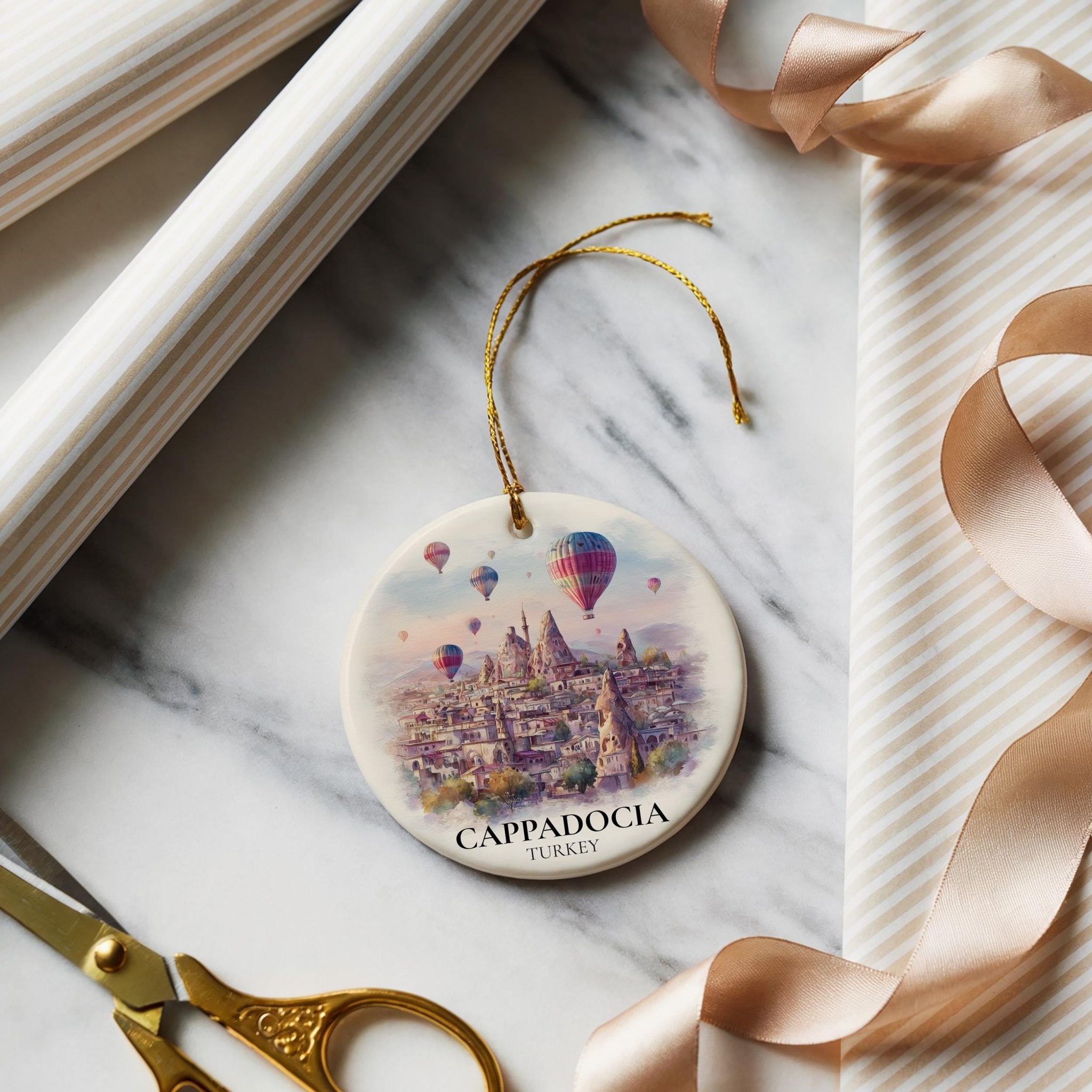 Cappadocia Turkey Personalized Watercolor Ornament, Custom Ceramic Christmas gift, Travel Keepsake - CuteBeePix