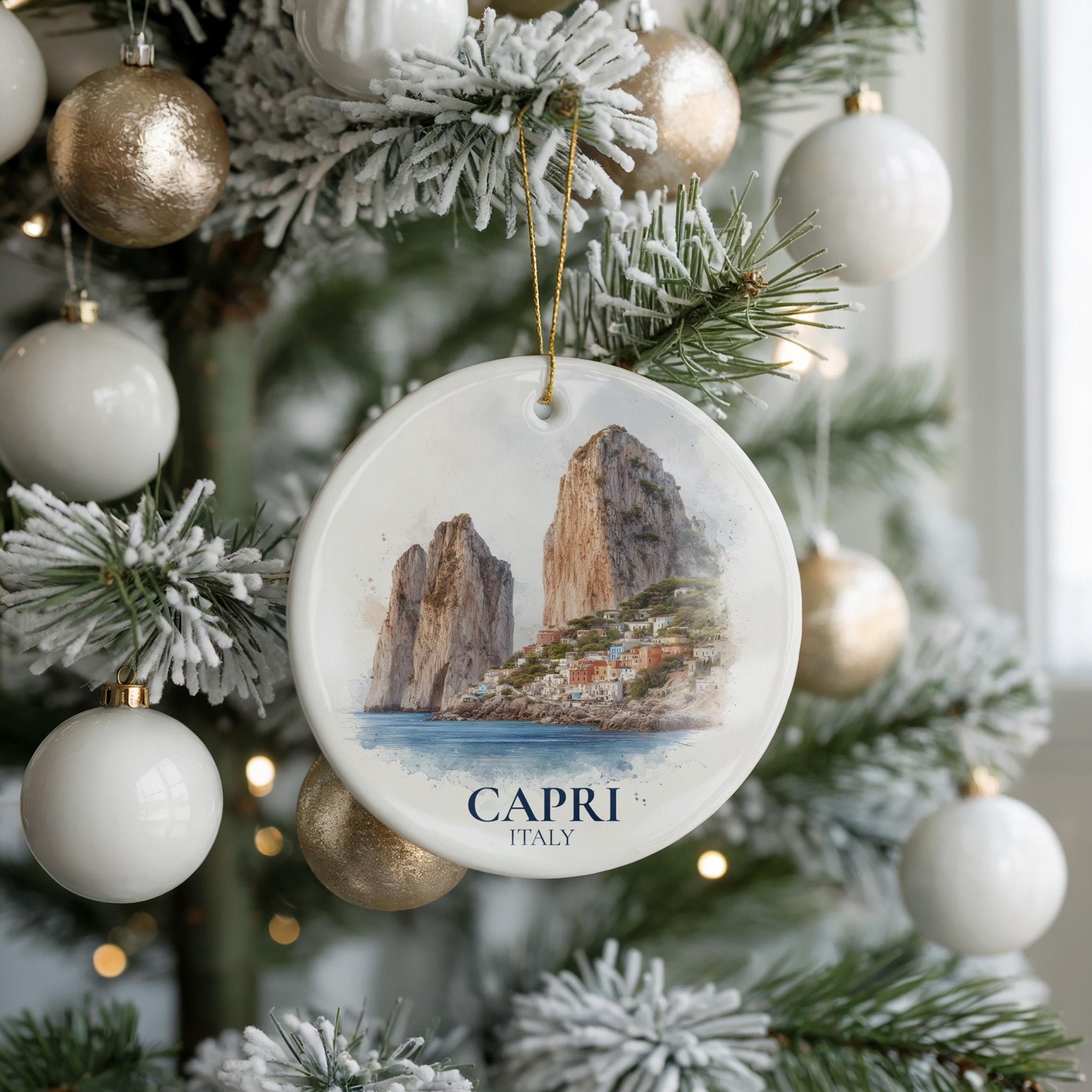 Capri Italy Personalized Watercolor Ornament, Custom Ceramic Christmas gift, Travel Keepsake - CuteBeePix