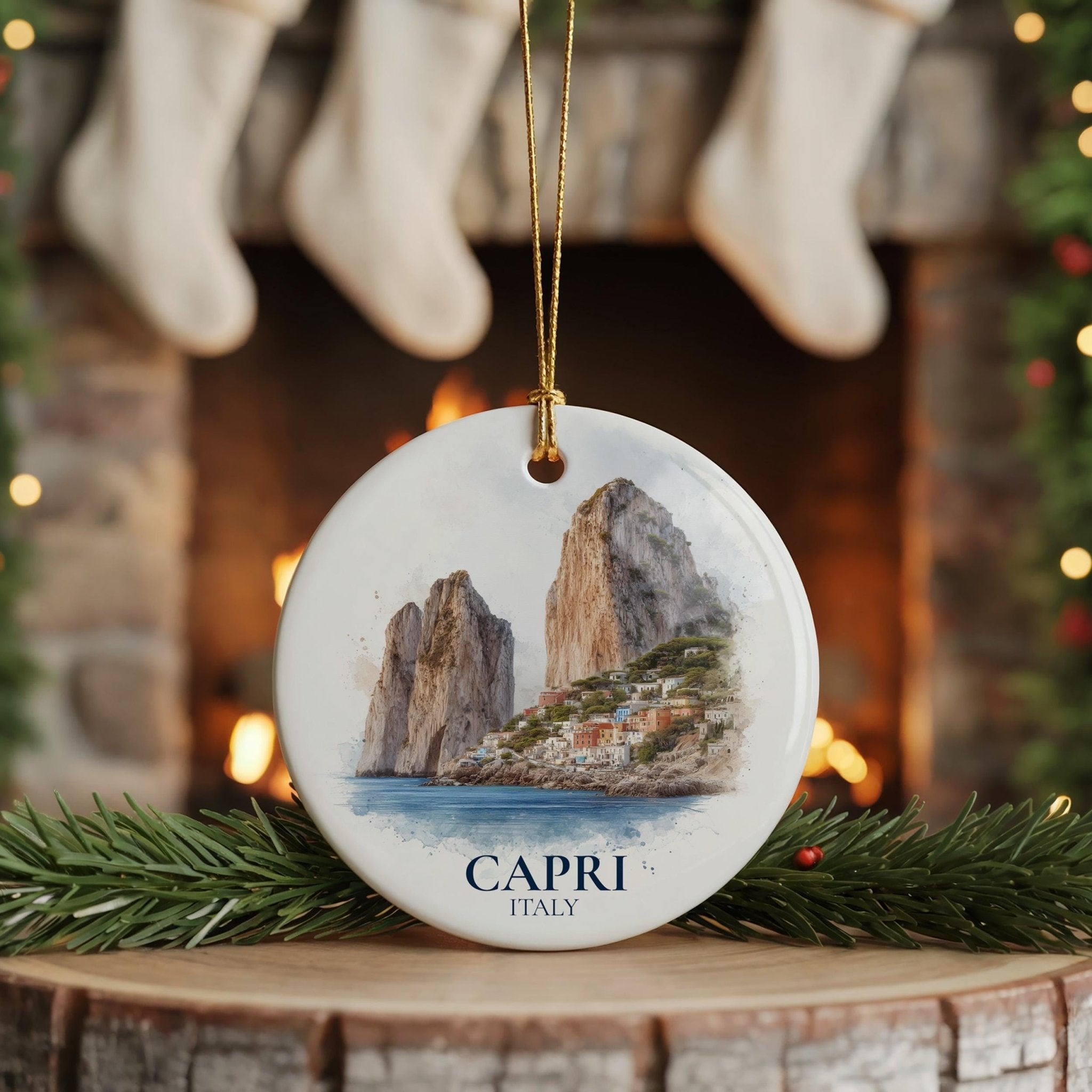 Capri Italy Personalized Watercolor Ornament, Custom Ceramic Christmas gift, Travel Keepsake - CuteBeePix