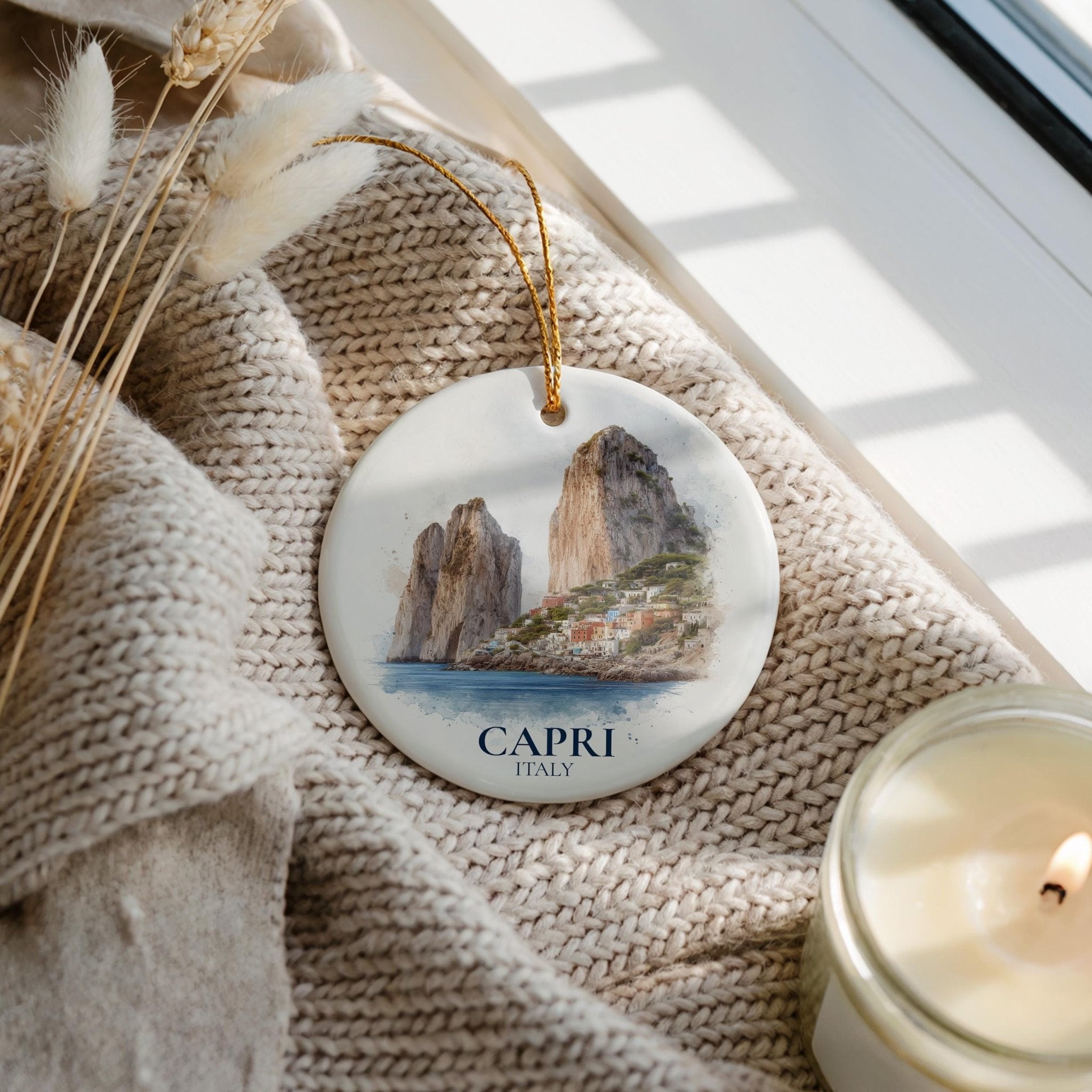 Capri Italy Personalized Watercolor Ornament, Custom Ceramic Christmas gift, Travel Keepsake - CuteBeePix