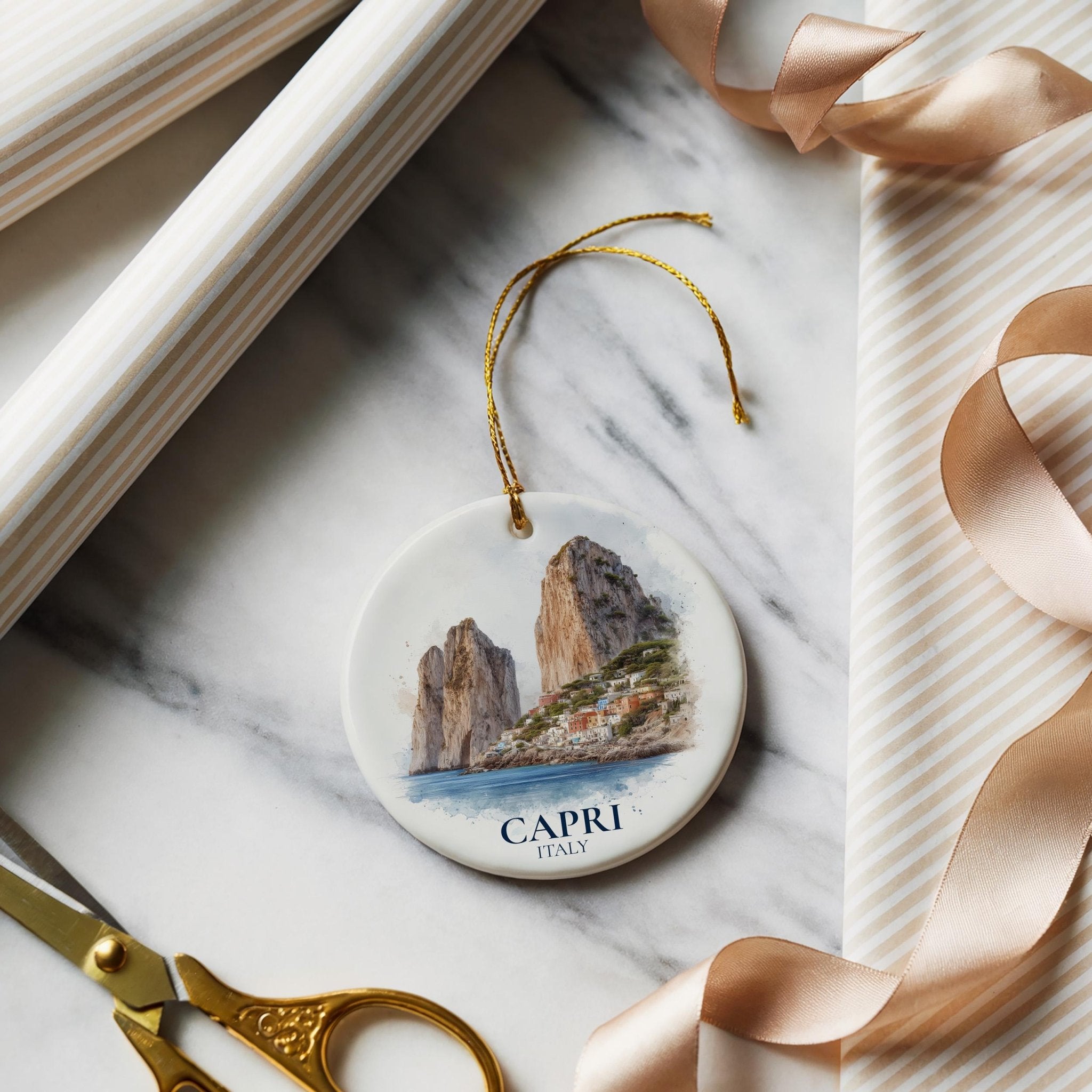 Capri Italy Personalized Watercolor Ornament, Custom Ceramic Christmas gift, Travel Keepsake - CuteBeePix