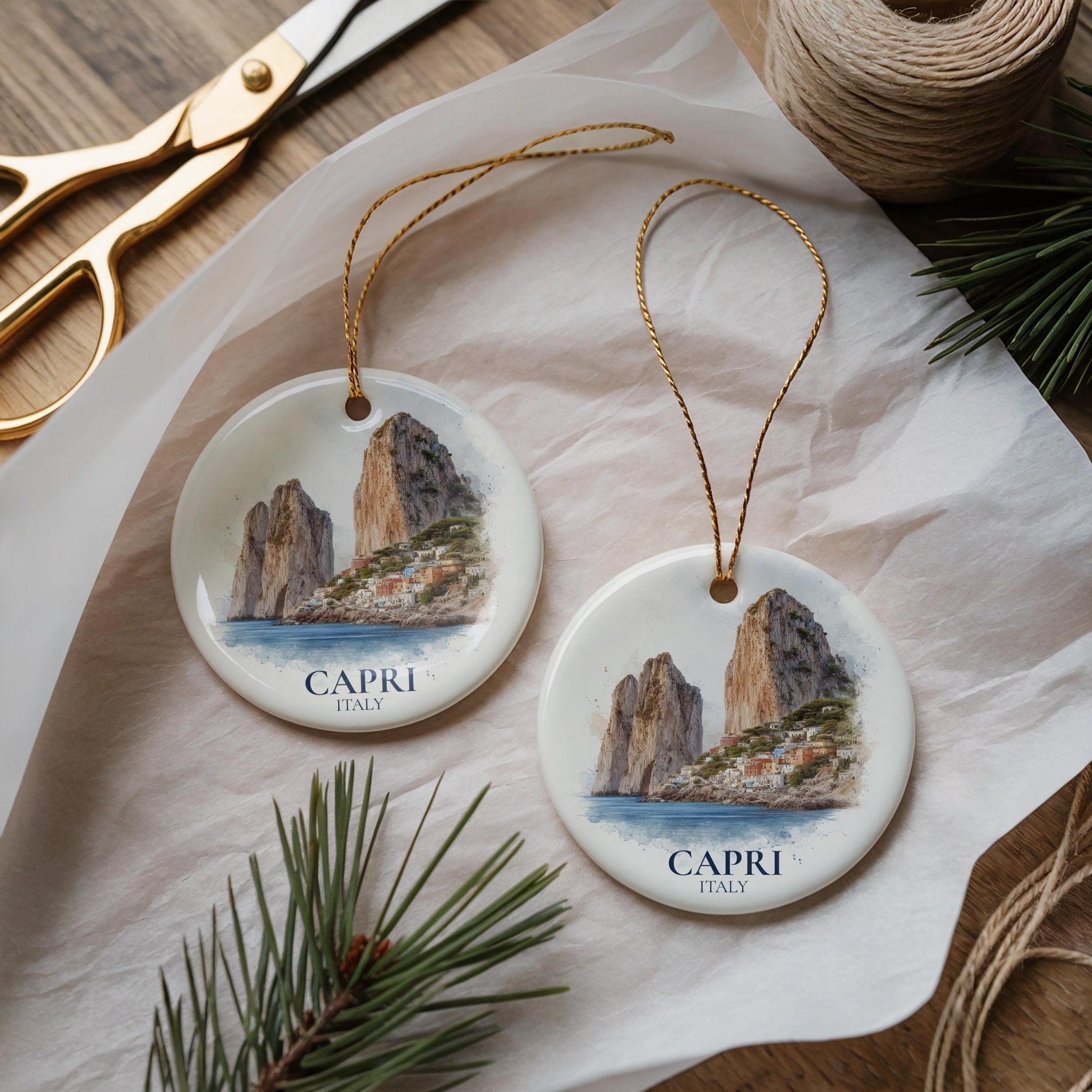 Capri Italy Personalized Watercolor Ornament, Custom Ceramic Christmas gift, Travel Keepsake - CuteBeePix