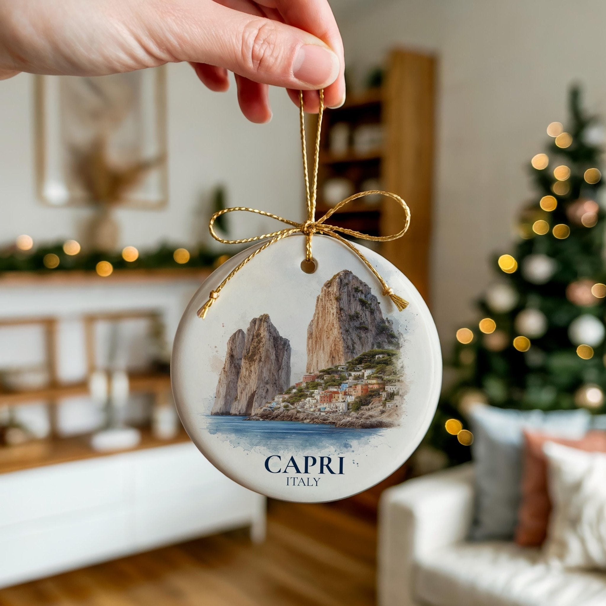Capri Italy Personalized Watercolor Ornament, Custom Ceramic Christmas gift, Travel Keepsake - CuteBeePix
