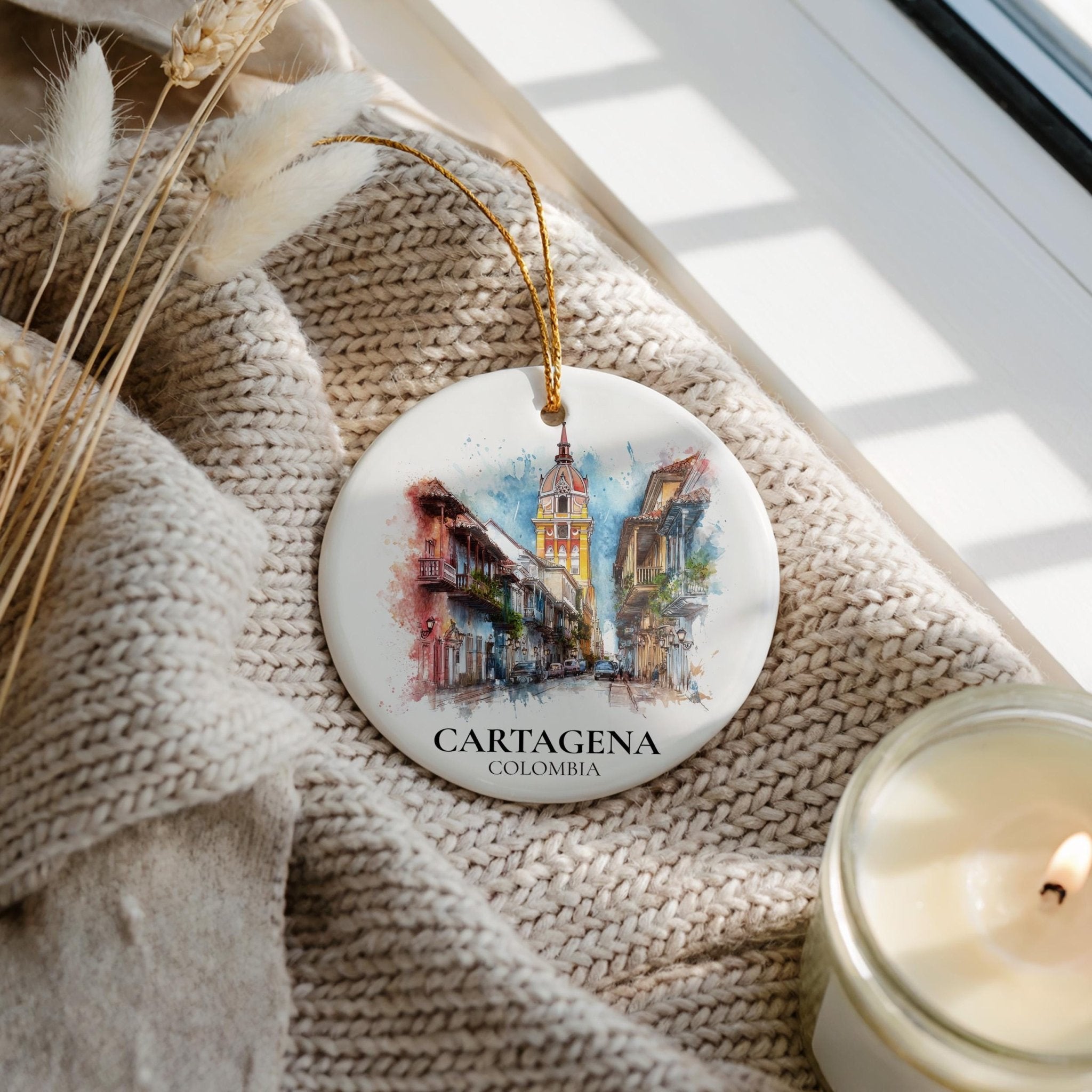 Cartagena Colombia Personalized Watercolor Ornament, Custom Ceramic Christmas gift, Travel Keepsake - CuteBeePix