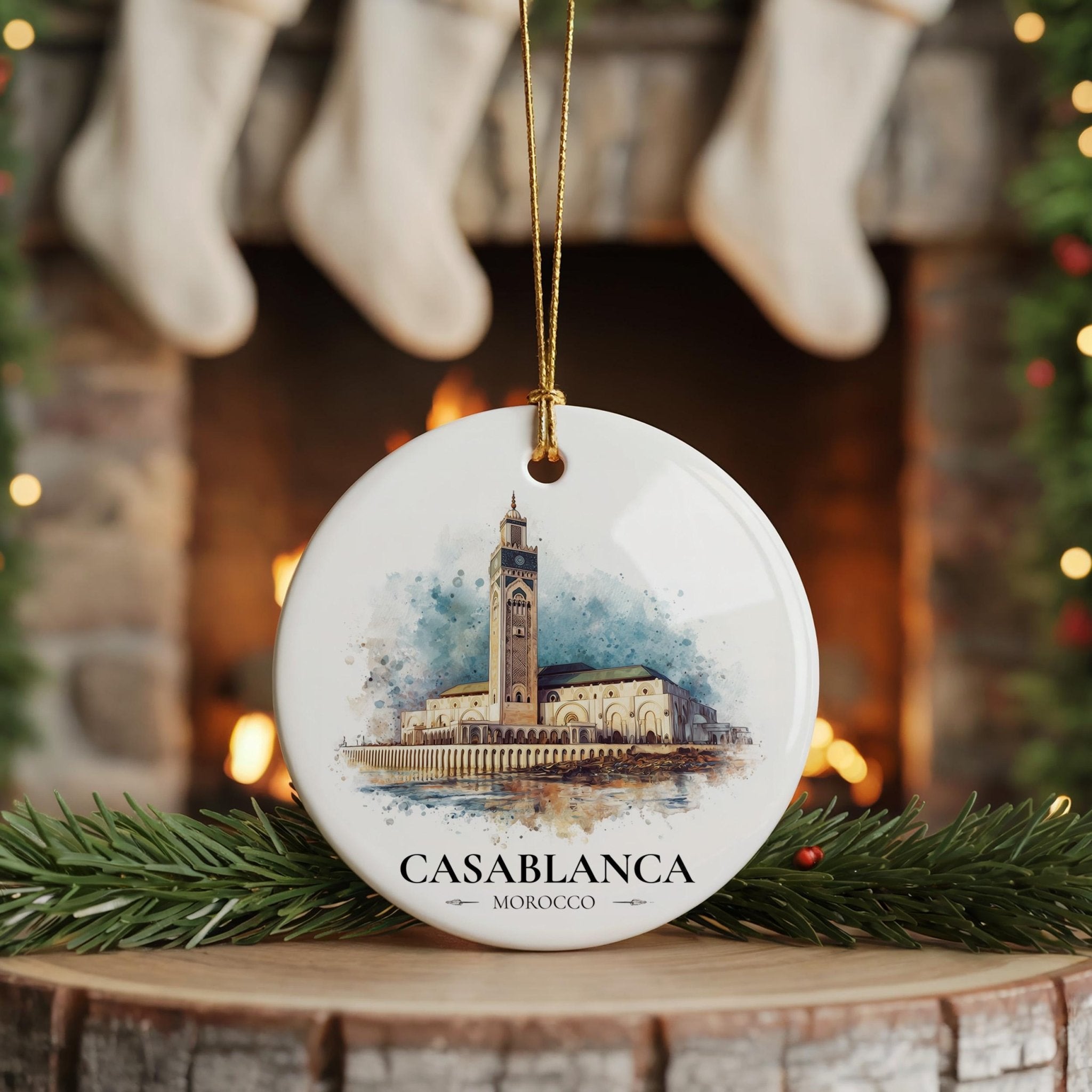 Casablanca Morocco Personalized Watercolor Ornament, Custom Ceramic Christmas gift, Travel Keepsake - CuteBeePix