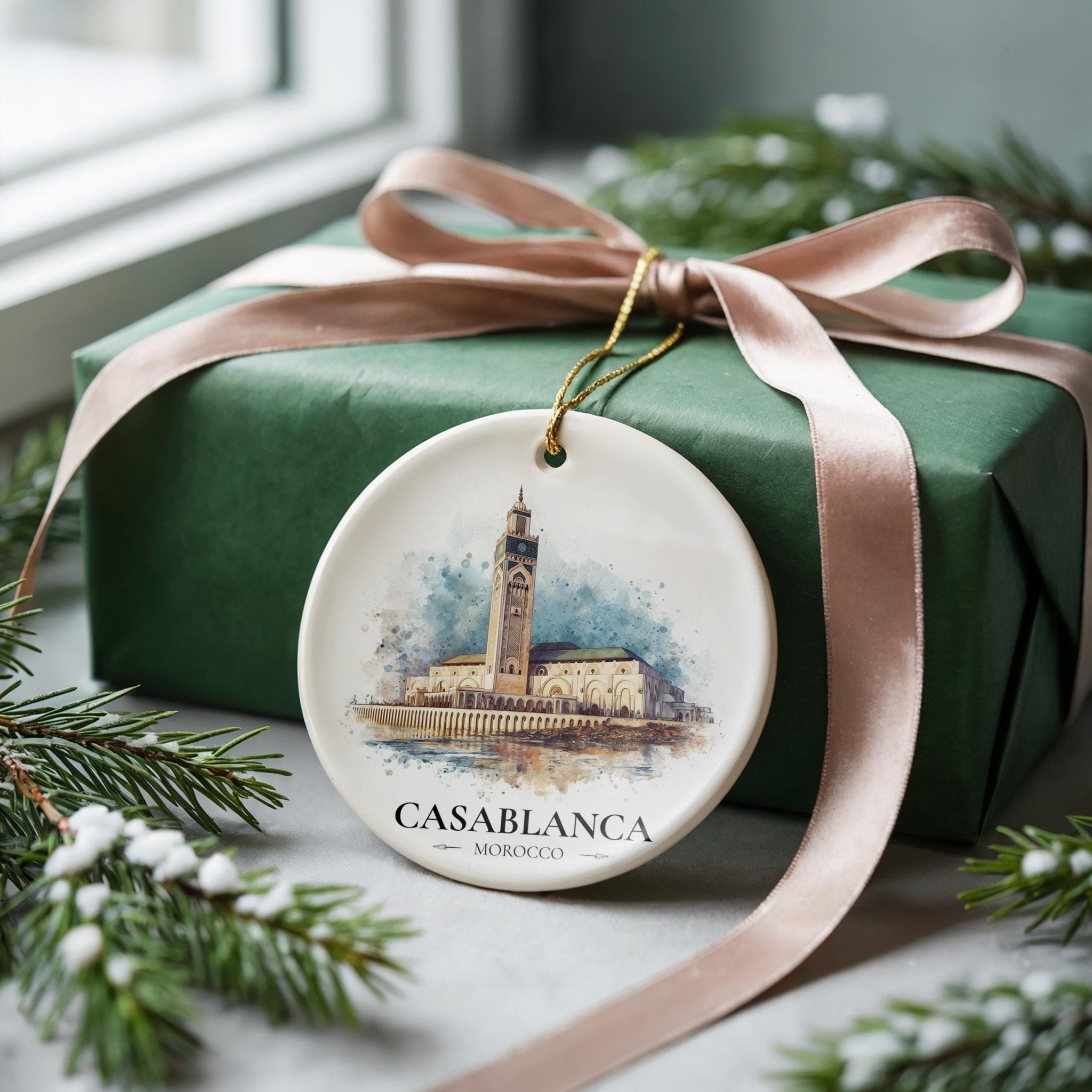 Casablanca Morocco Personalized Watercolor Ornament, Custom Ceramic Christmas gift, Travel Keepsake - CuteBeePix