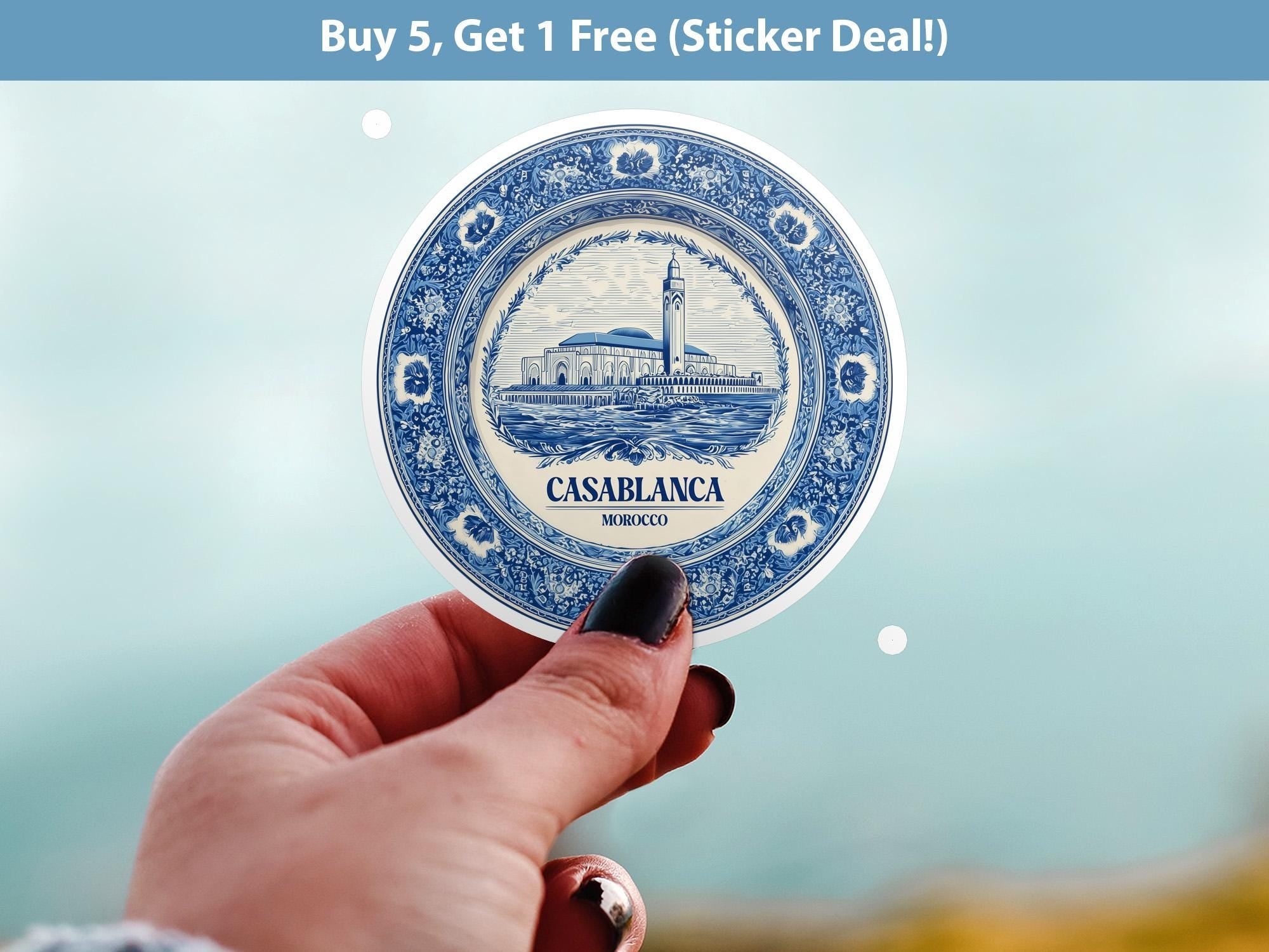 Casablanca Morocco Sticker Vintage Delft style, Delftware Decal Waterproof Vinyl, Blue City Travel - CuteBeePix