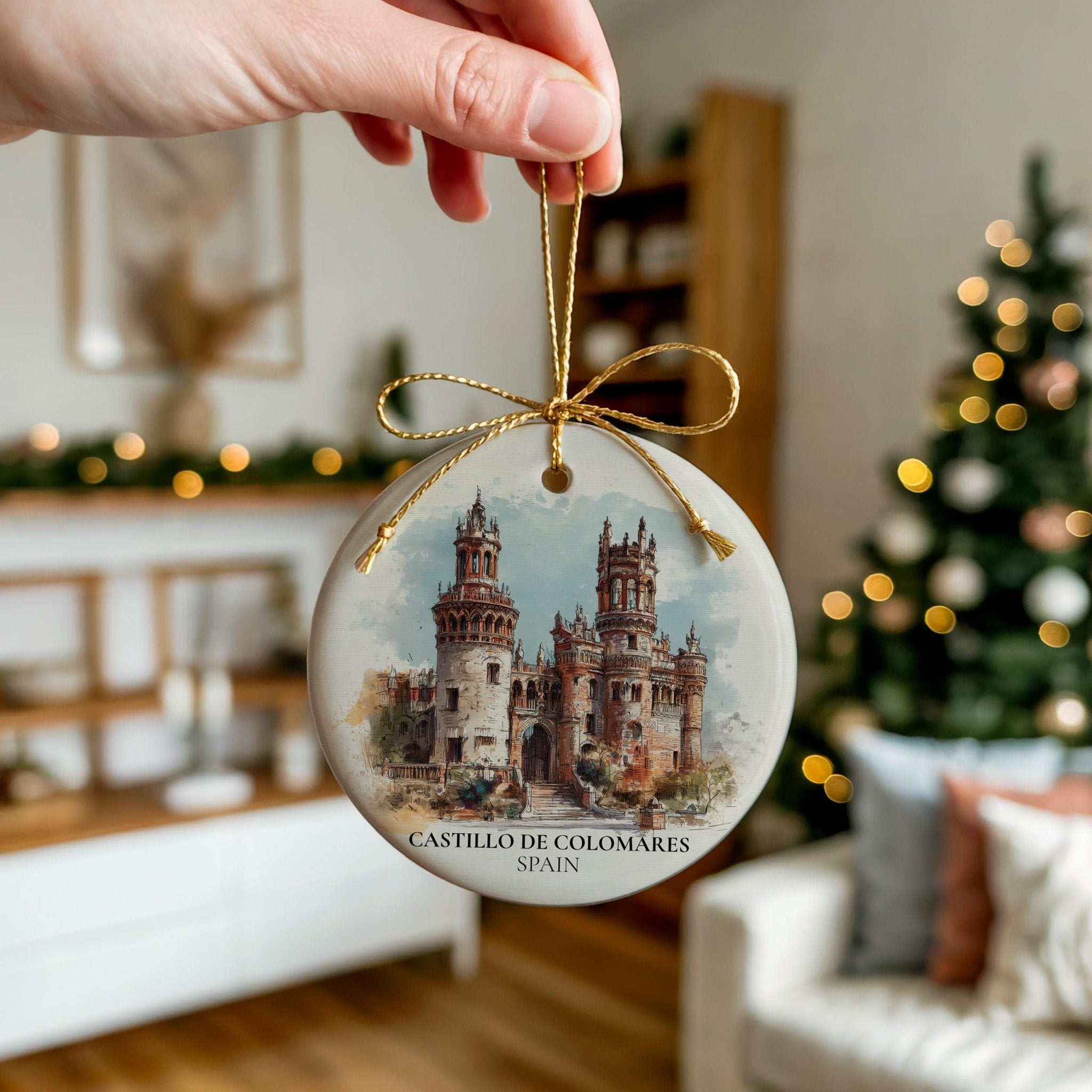 Castillo de Colomares Spain Personalized Watercolor Ornament, Custom Ceramic Christmas gift, Travel Keepsake - CuteBeePix