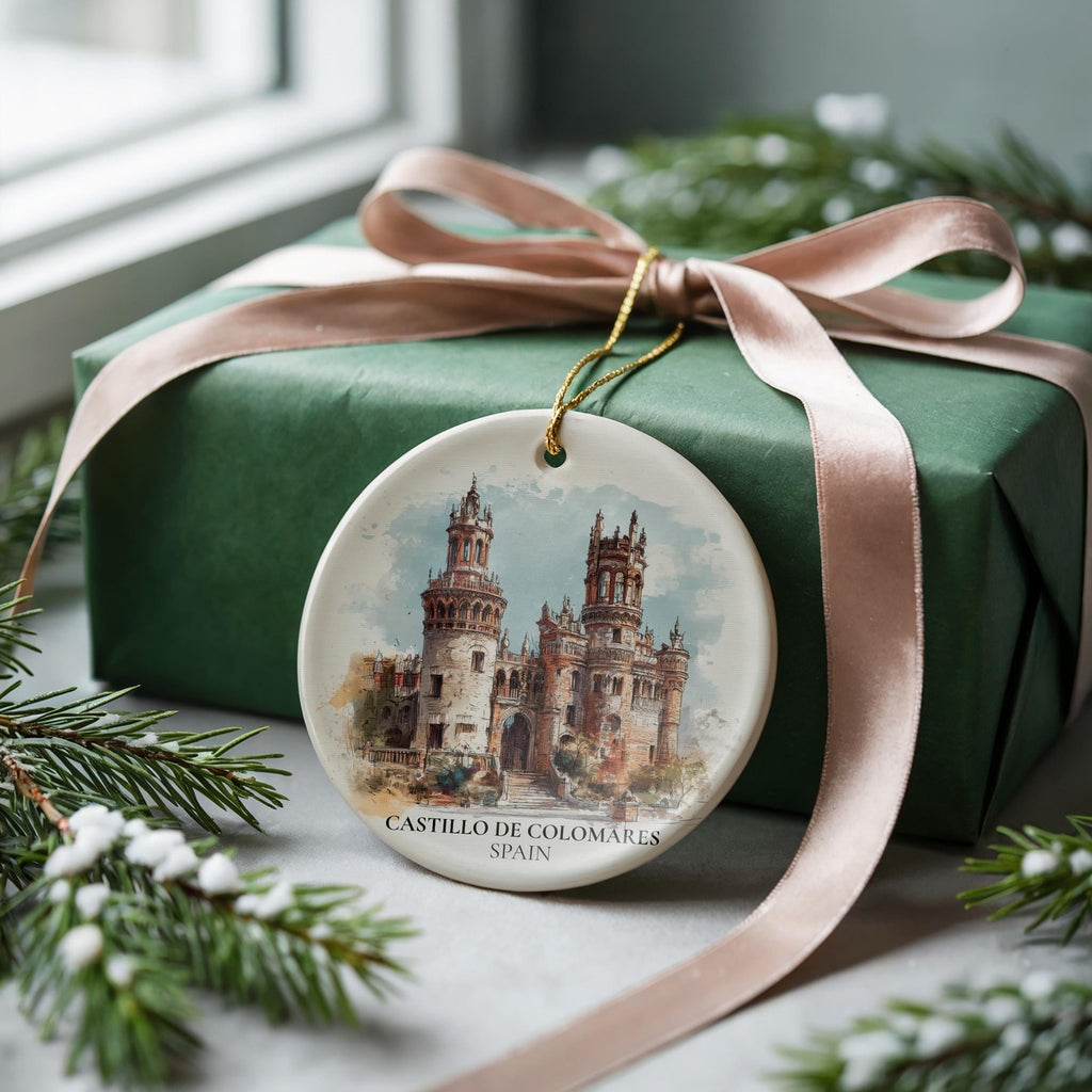 Castillo de Colomares Spain Personalized Watercolor Ornament, Custom Ceramic Christmas gift, Travel Keepsake - CuteBeePix