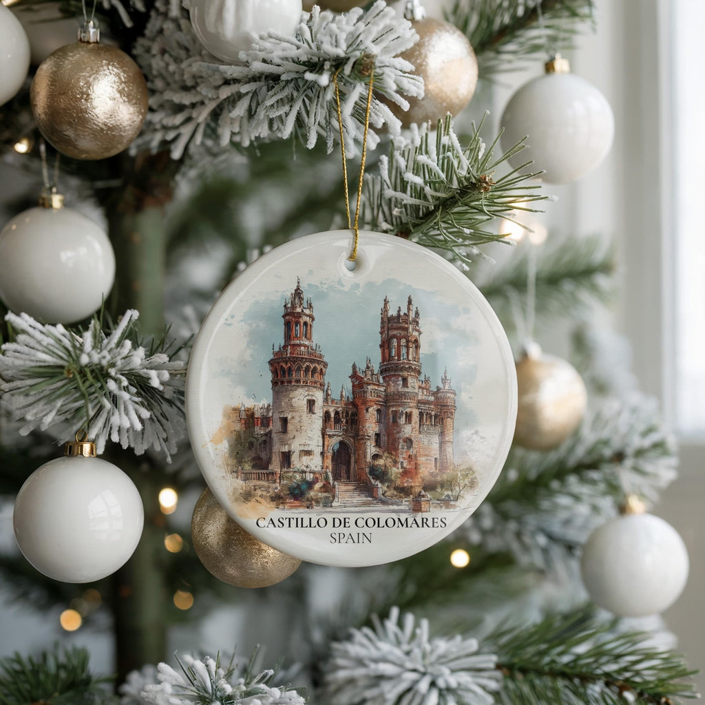 Castillo de Colomares Spain Personalized Watercolor Ornament, Custom Ceramic Christmas gift, Travel Keepsake - CuteBeePix