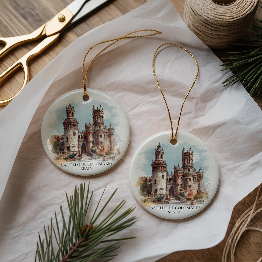 Castillo de Colomares Spain Personalized Watercolor Ornament, Custom Ceramic Christmas gift, Travel Keepsake - CuteBeePix