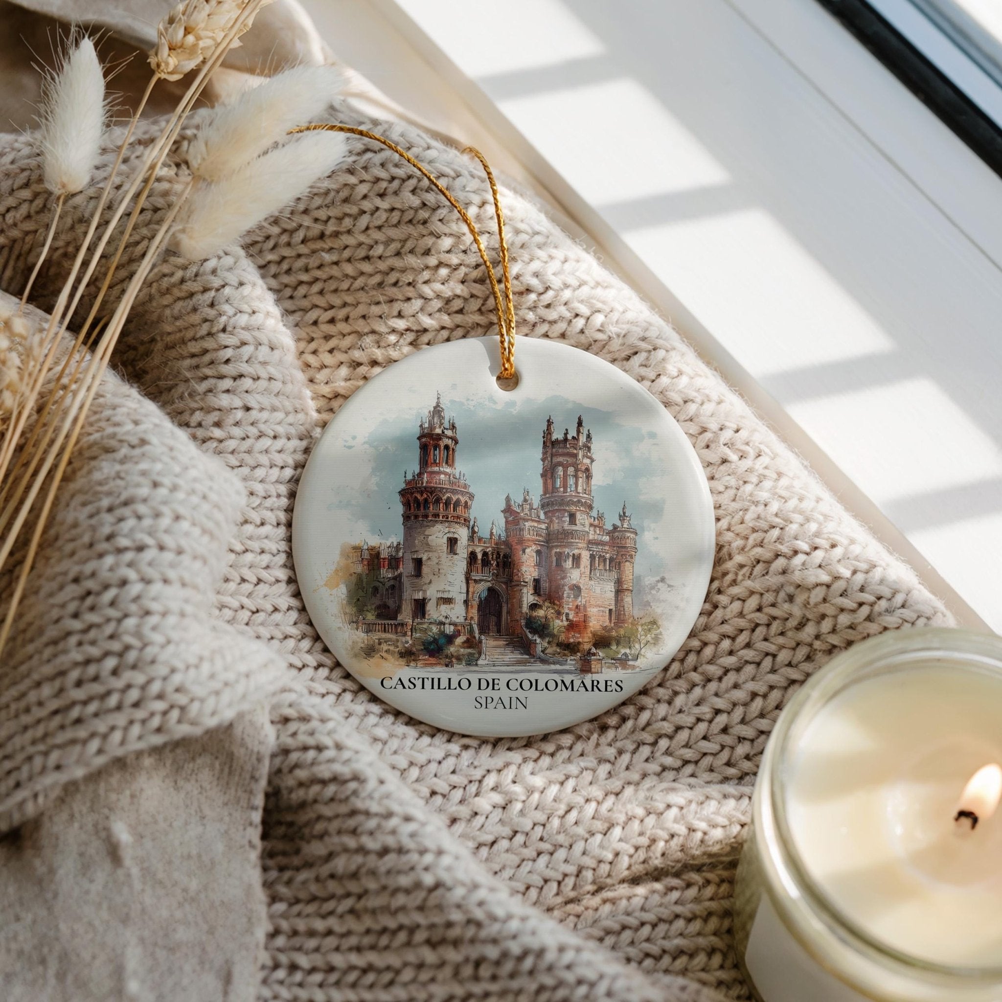 Castillo de Colomares Spain Personalized Watercolor Ornament, Custom Ceramic Christmas gift, Travel Keepsake - CuteBeePix