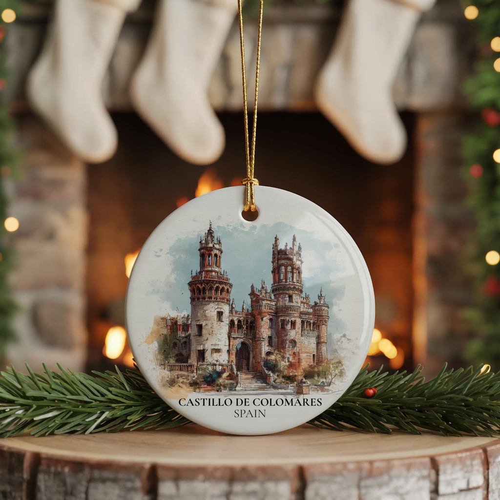 Castillo de Colomares Spain Personalized Watercolor Ornament, Custom Ceramic Christmas gift, Travel Keepsake - CuteBeePix