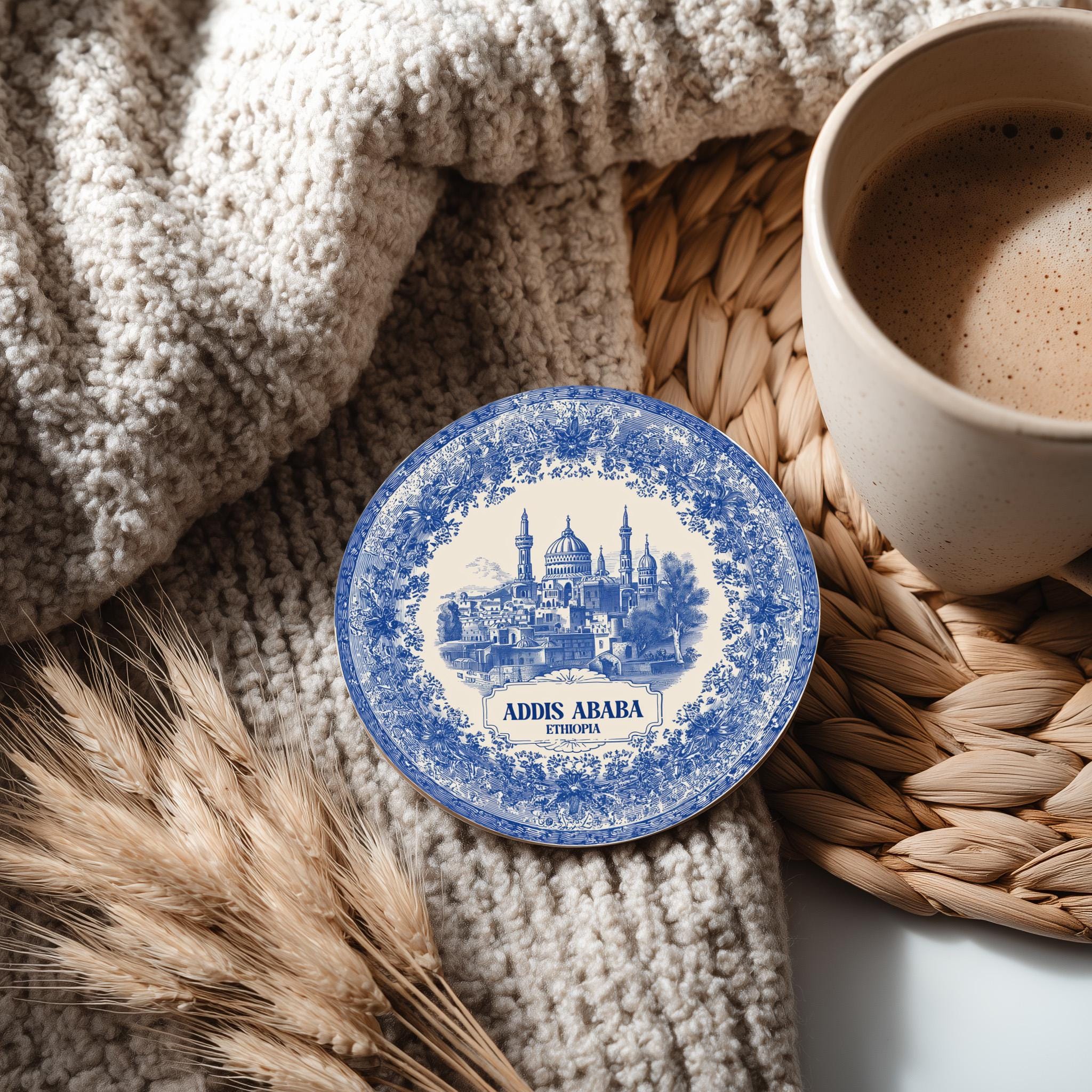 Addis Ababa Ethiopia Delftware Ceramic Coaster, Blue White Travel Gift, Vintage Home Decor Collectible