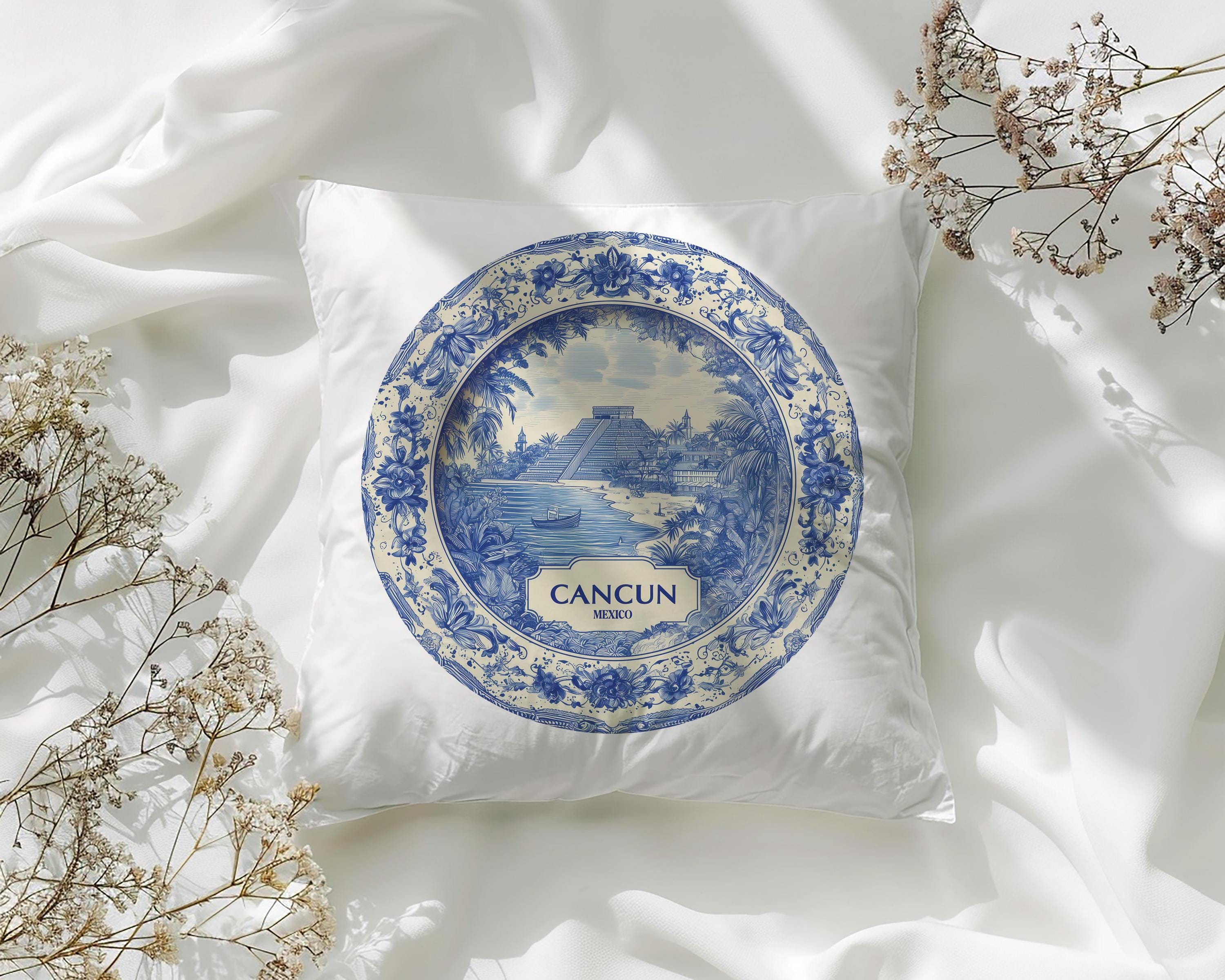 Cancun Mexico Pillowcase, Delft Style Decorative Throw Pillow, Vintage Cityscape Retro Home Decor