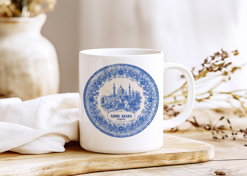 Addis Ababa Ethiopia Mug, Custom Delft Style cup, Personalized Vintage Travel City Gift