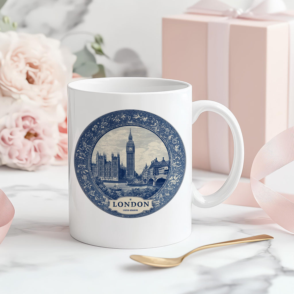 London UK Mug, Custom Delft Style cup, Personalized Vintage Travel City Gift
