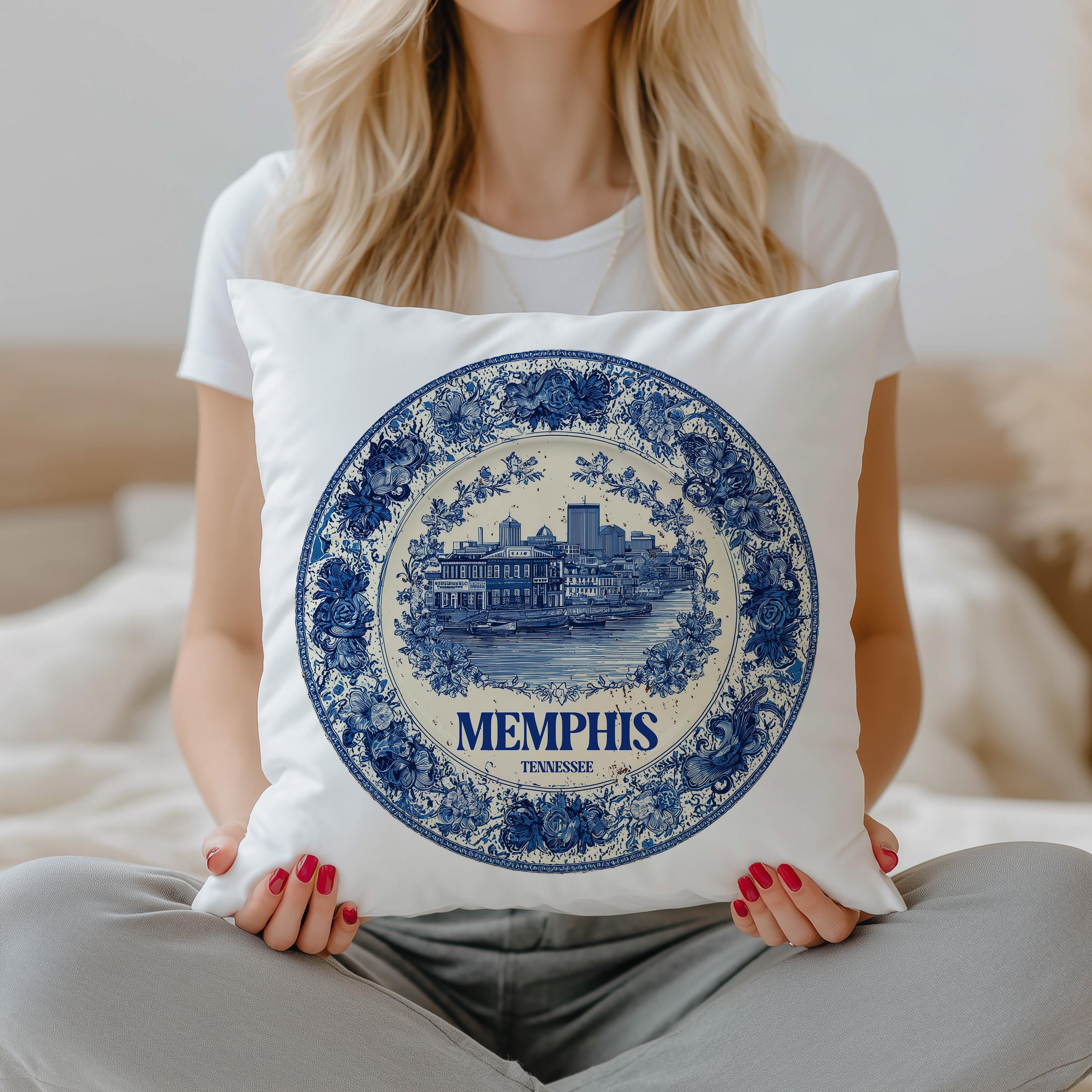 Memphis Tennessee Pillowcase, Delft Style Decorative Throw Pillow, Vintage Cityscape Retro Home Decor