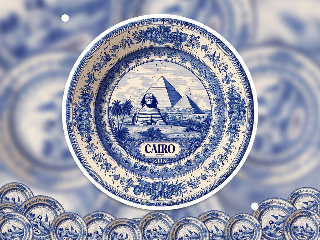 Cairo Egypt Sticker Vintage Delft style, Delftware Decal Waterproof Vinyl, Blue City Travel Collection