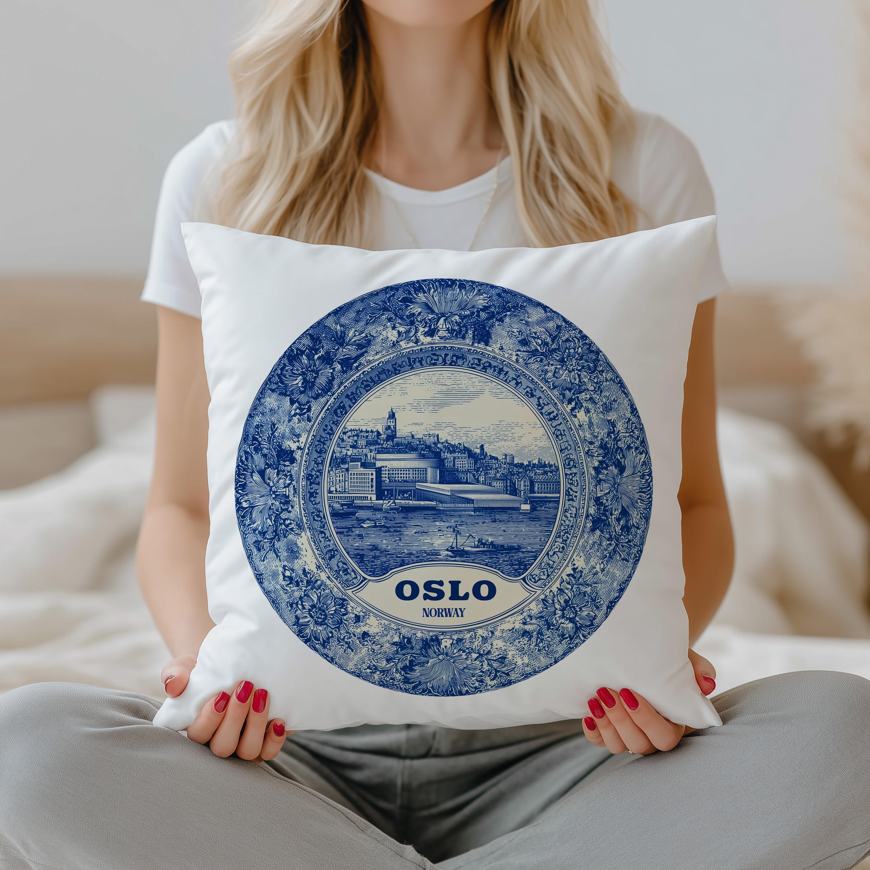 Oslo Norway Pillowcase, Delft Style Decorative Throw Pillow, Vintage Cityscape Retro Home Decor