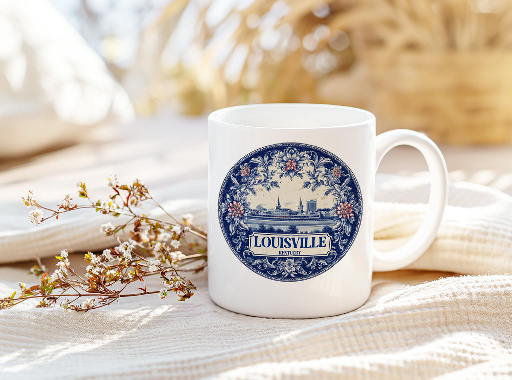 Louisville Kentucky Mug, Custom Delft Style cup, Personalized Vintage Travel City Gift