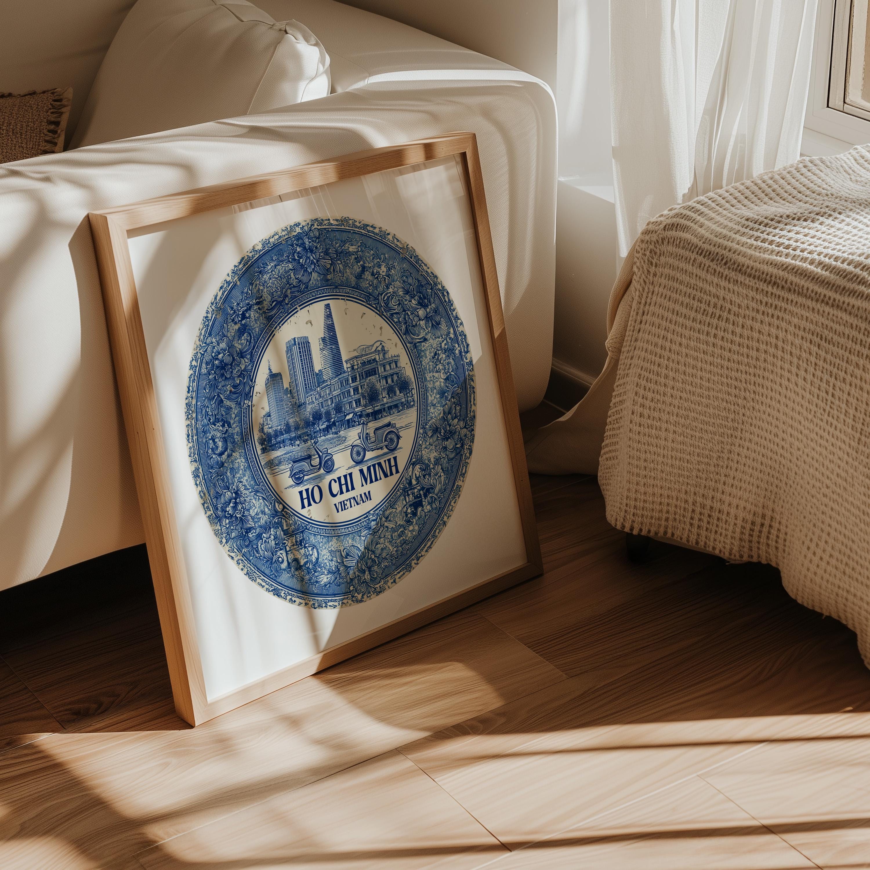 Ho Chi Minh City Vietnam Wall Art, Vintage Delft Blue Poster, City Print, Travel Home Decor