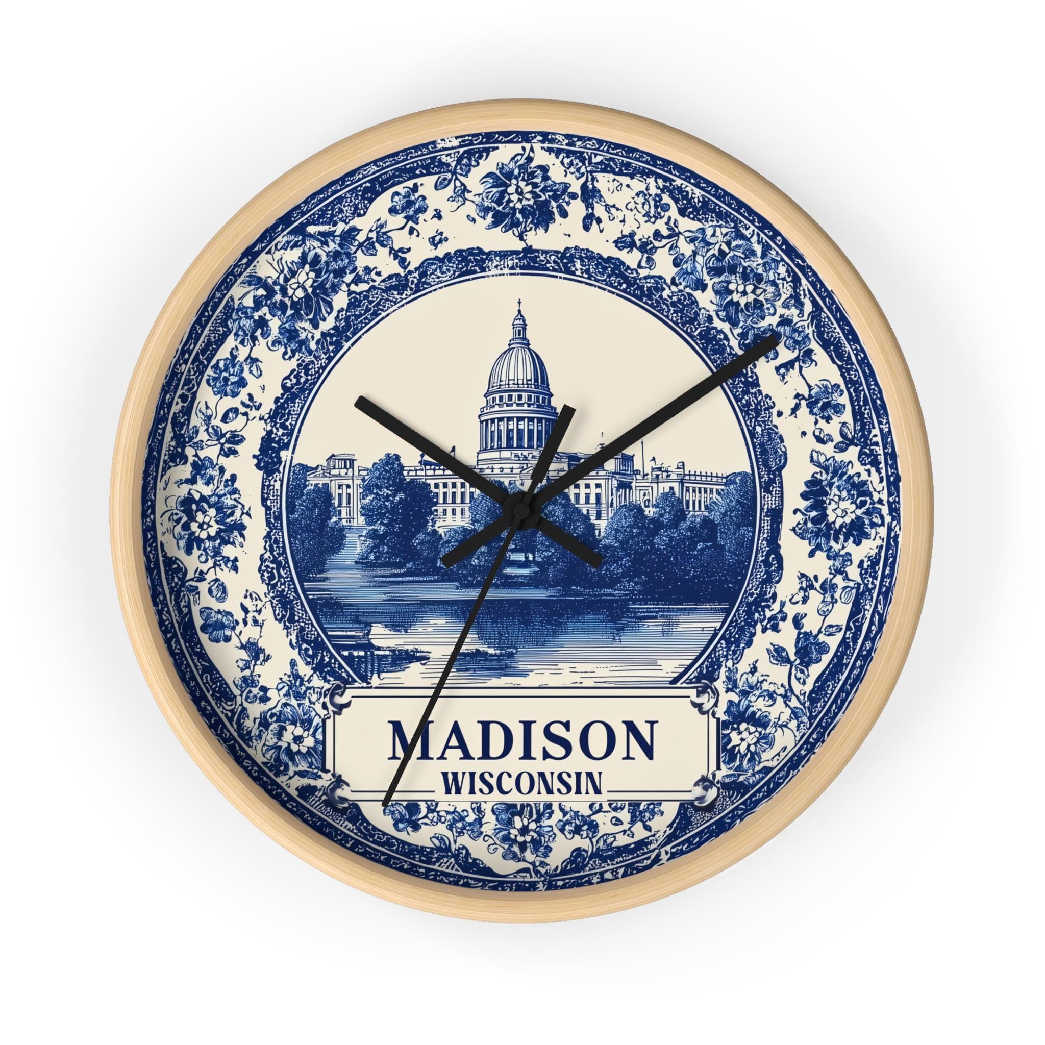 Madison Wisconsin Wall Clock, Delf style Home Decor, Vintage City Travel Keepsake Art