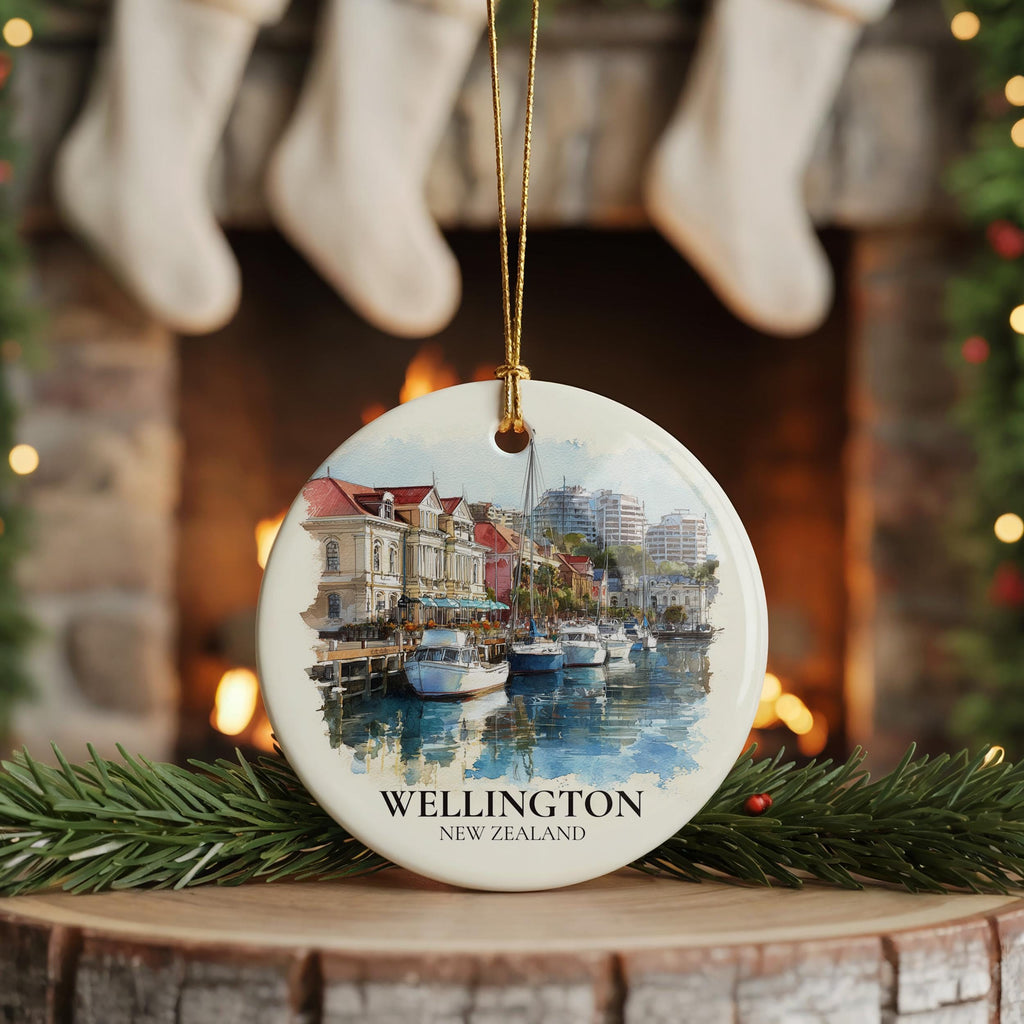 Wellington New Zealand Personalized Watercolor Ornament, Custom Ceramic Christmas gift, Travel Keepsake