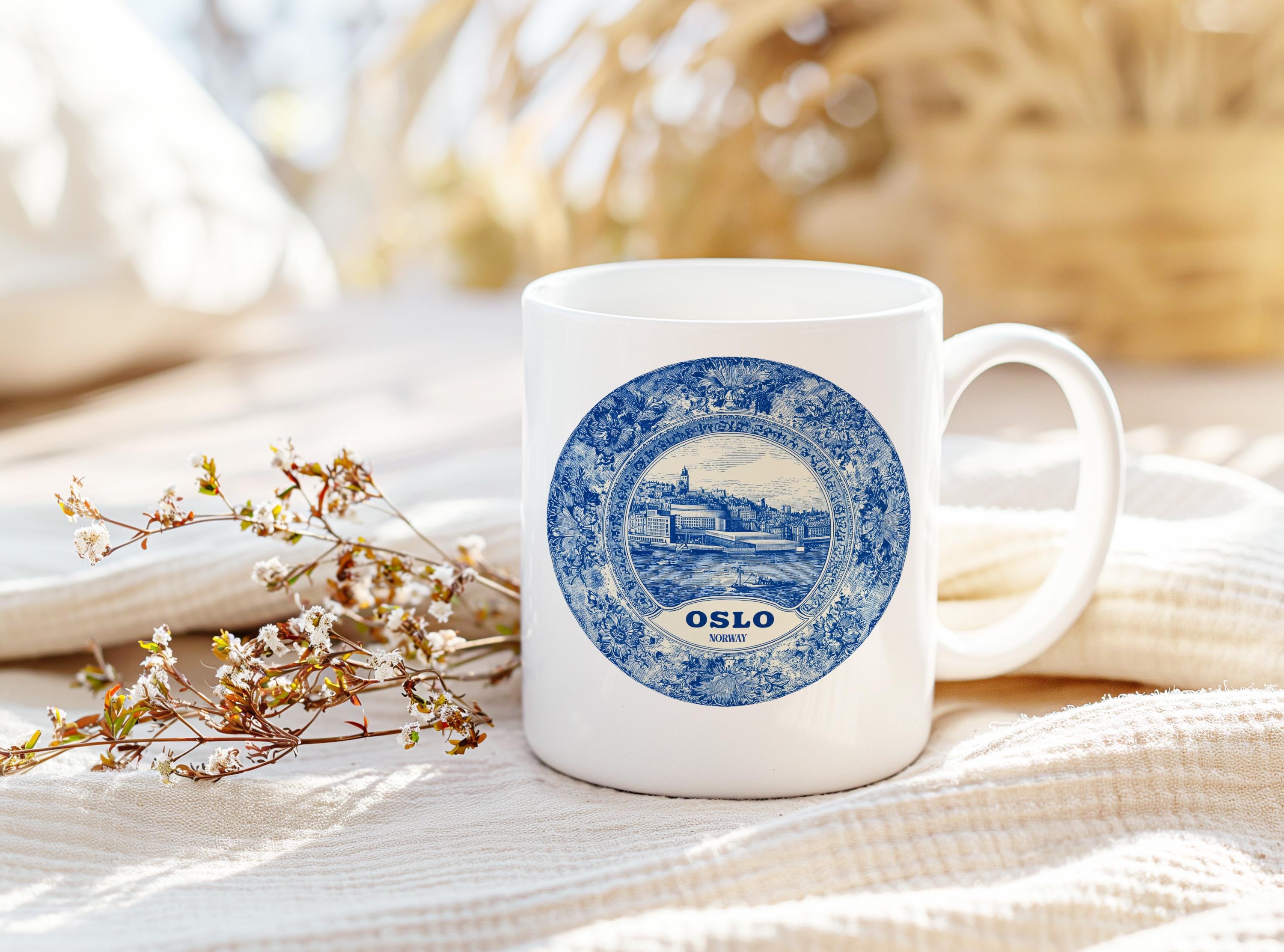Oslo Norway Mug, Custom Delft Style cup, Personalized Vintage Travel City Gift