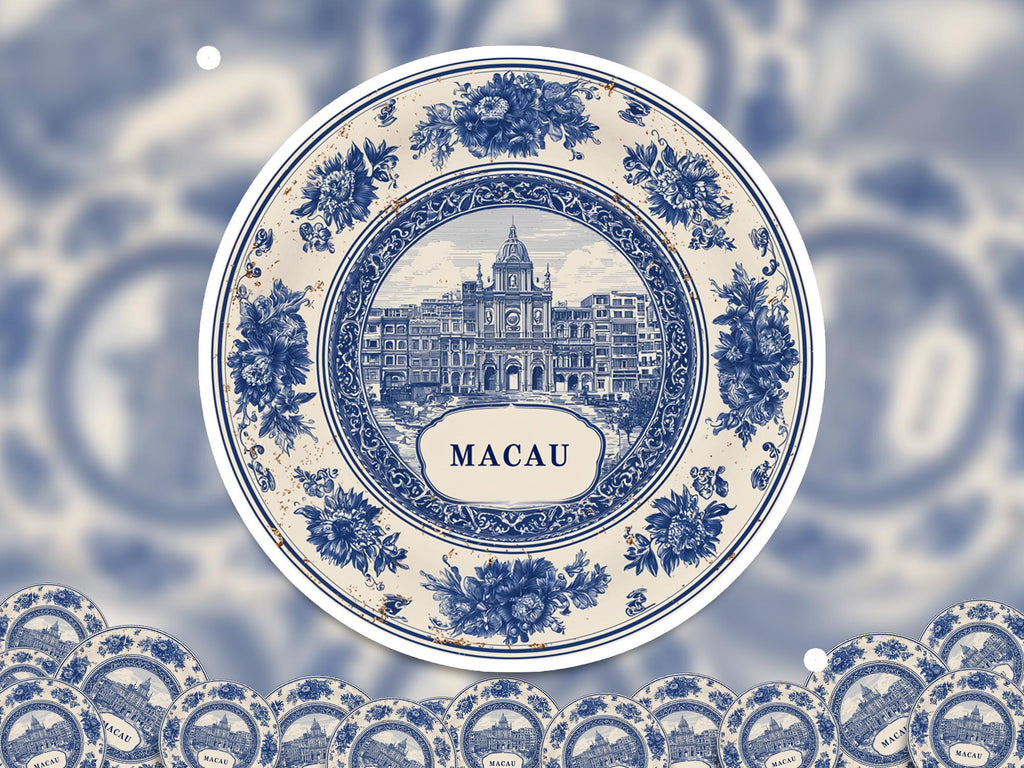 Macau China Sticker Vintage Delft style, Delftware Decal Waterproof Vinyl, Blue City Travel