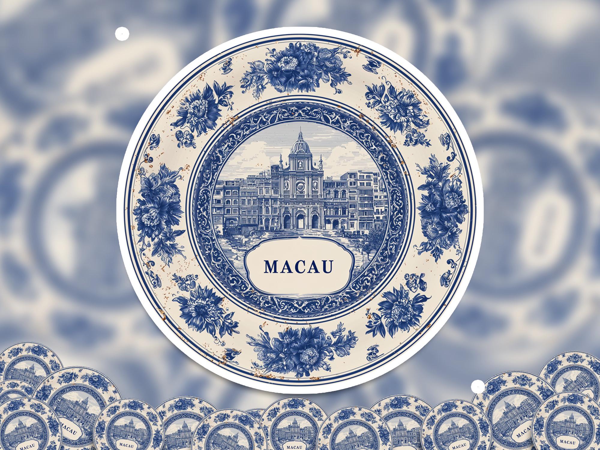 Macau China Sticker Vintage Delft style, Delftware Decal Waterproof Vinyl, Blue City Travel